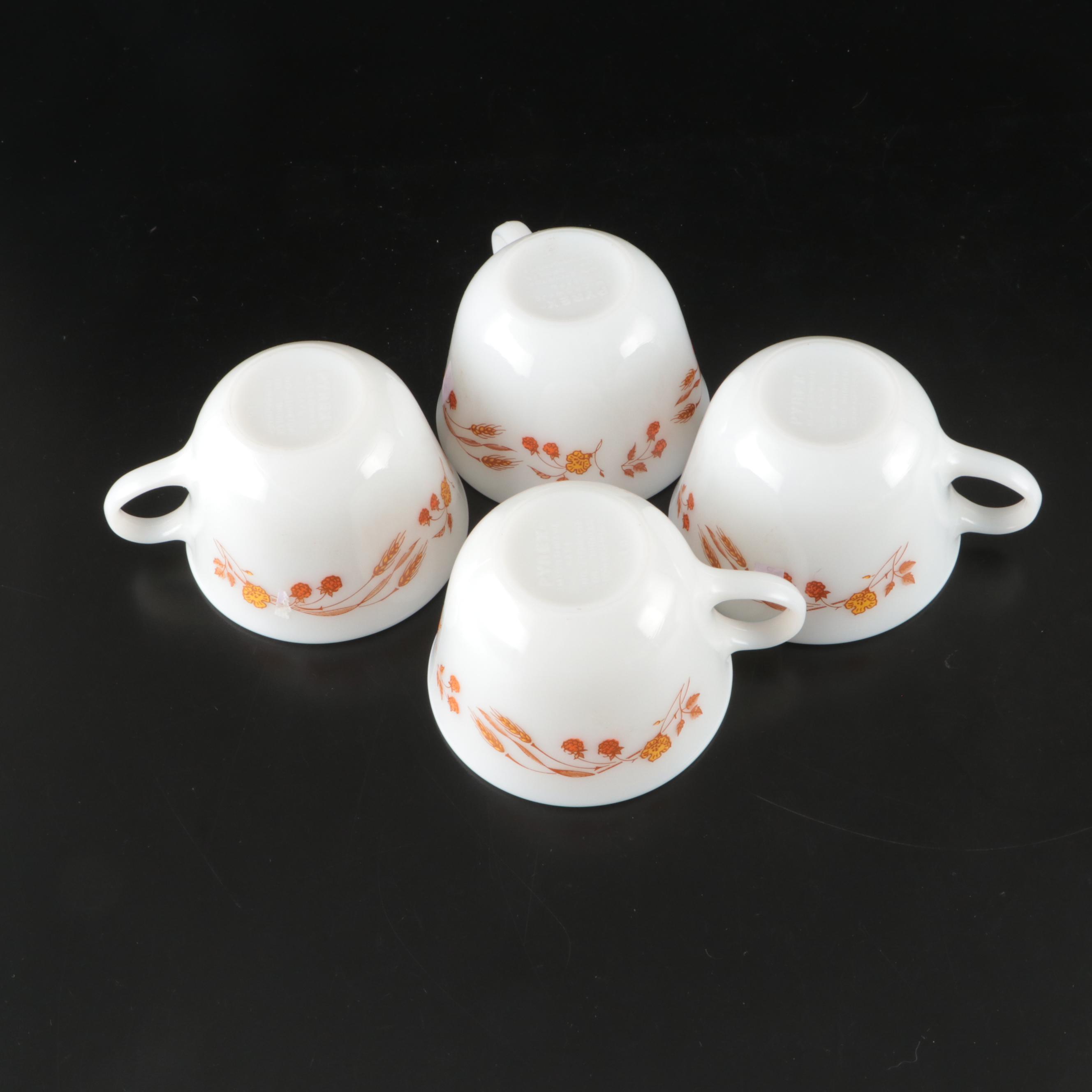 Pyrex "Harvest" Milk Glass Cups with Other Glass and Metal Kitchenware