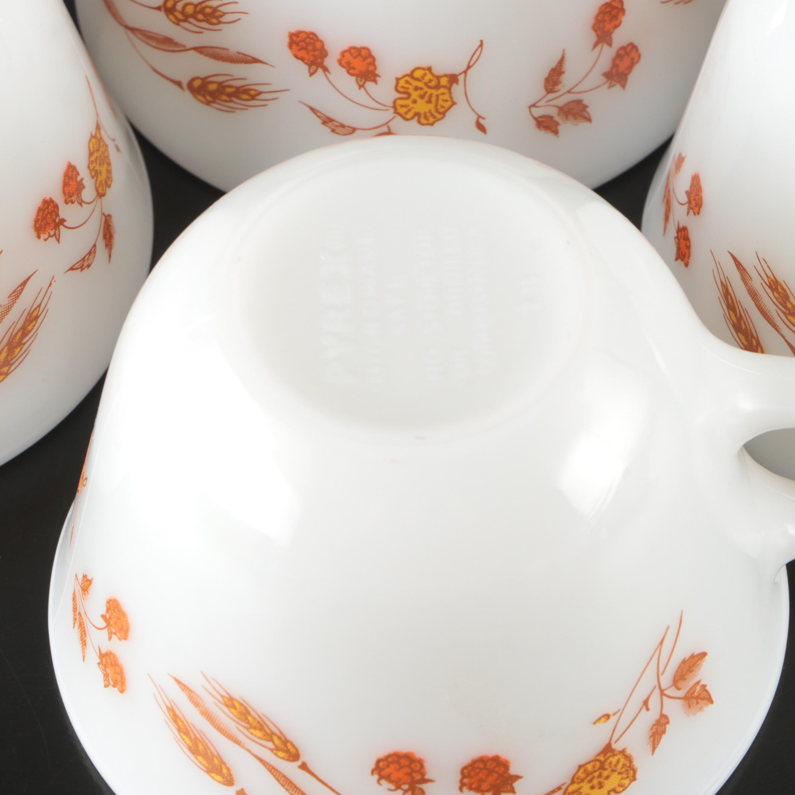 Pyrex "Harvest" Milk Glass Cups with Other Glass and Metal Kitchenware
