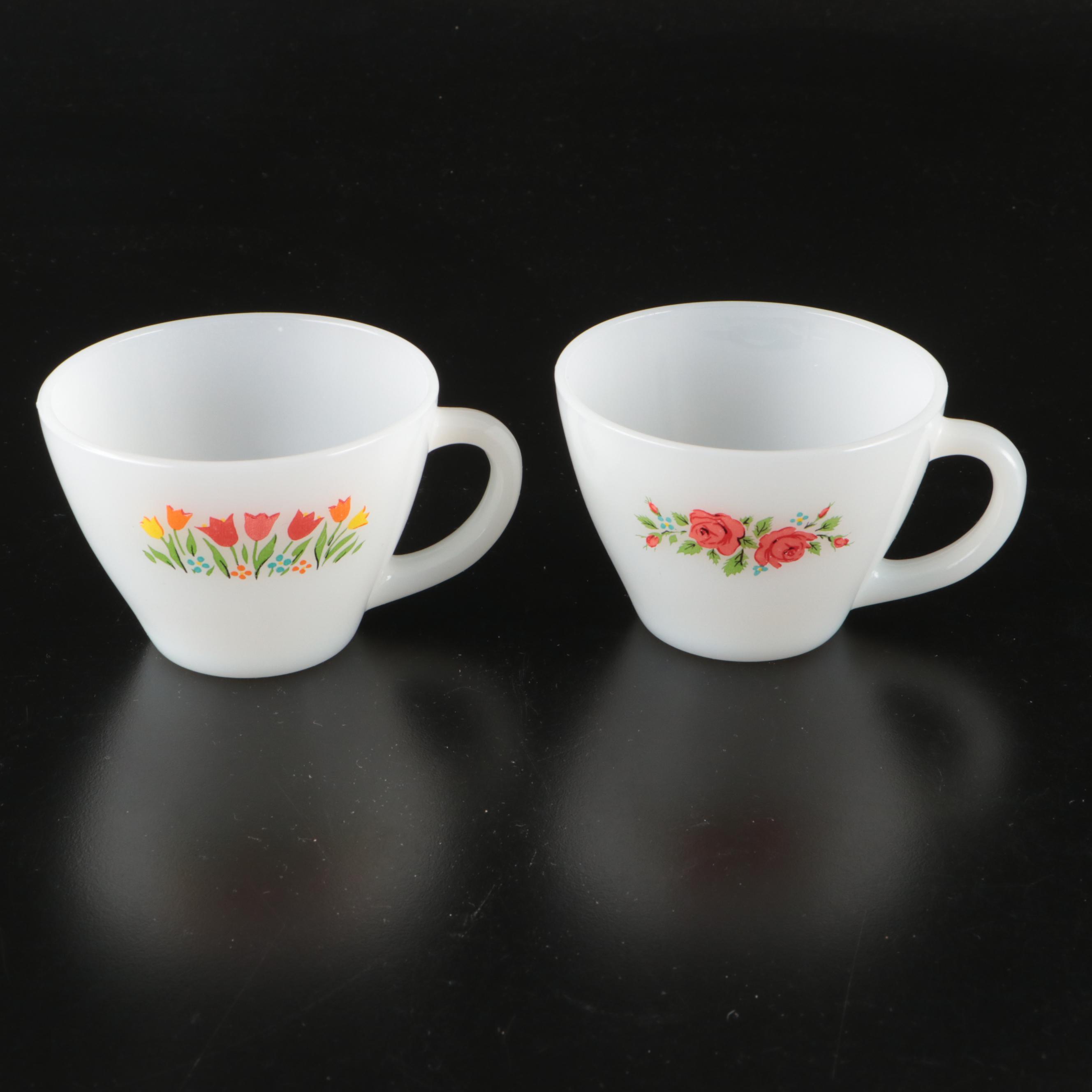 Pyrex "Harvest" Milk Glass Cups with Other Glass and Metal Kitchenware