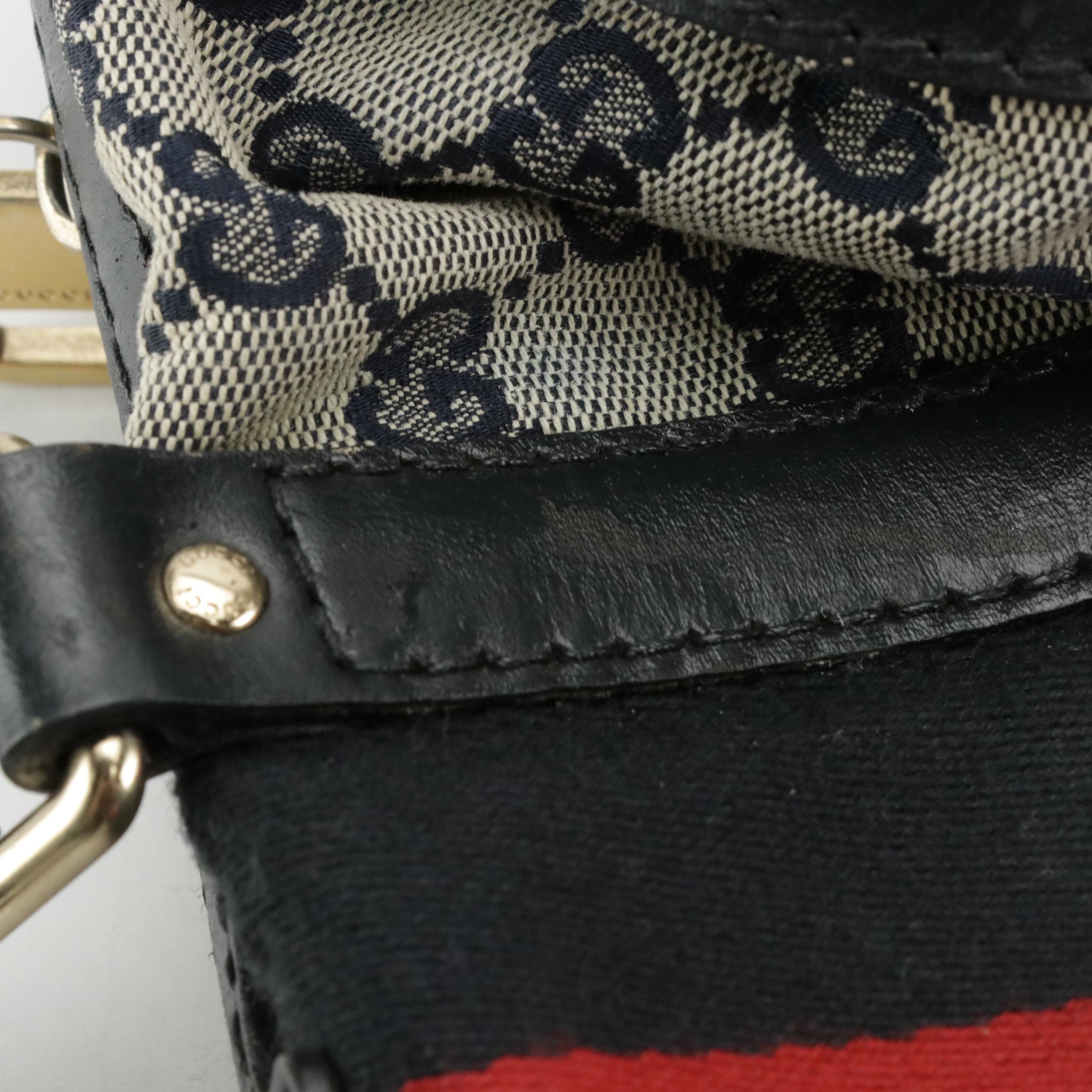 Gucci Two-Way Boston Bag in Navy Blue Canvas, Web Stripe and Leather