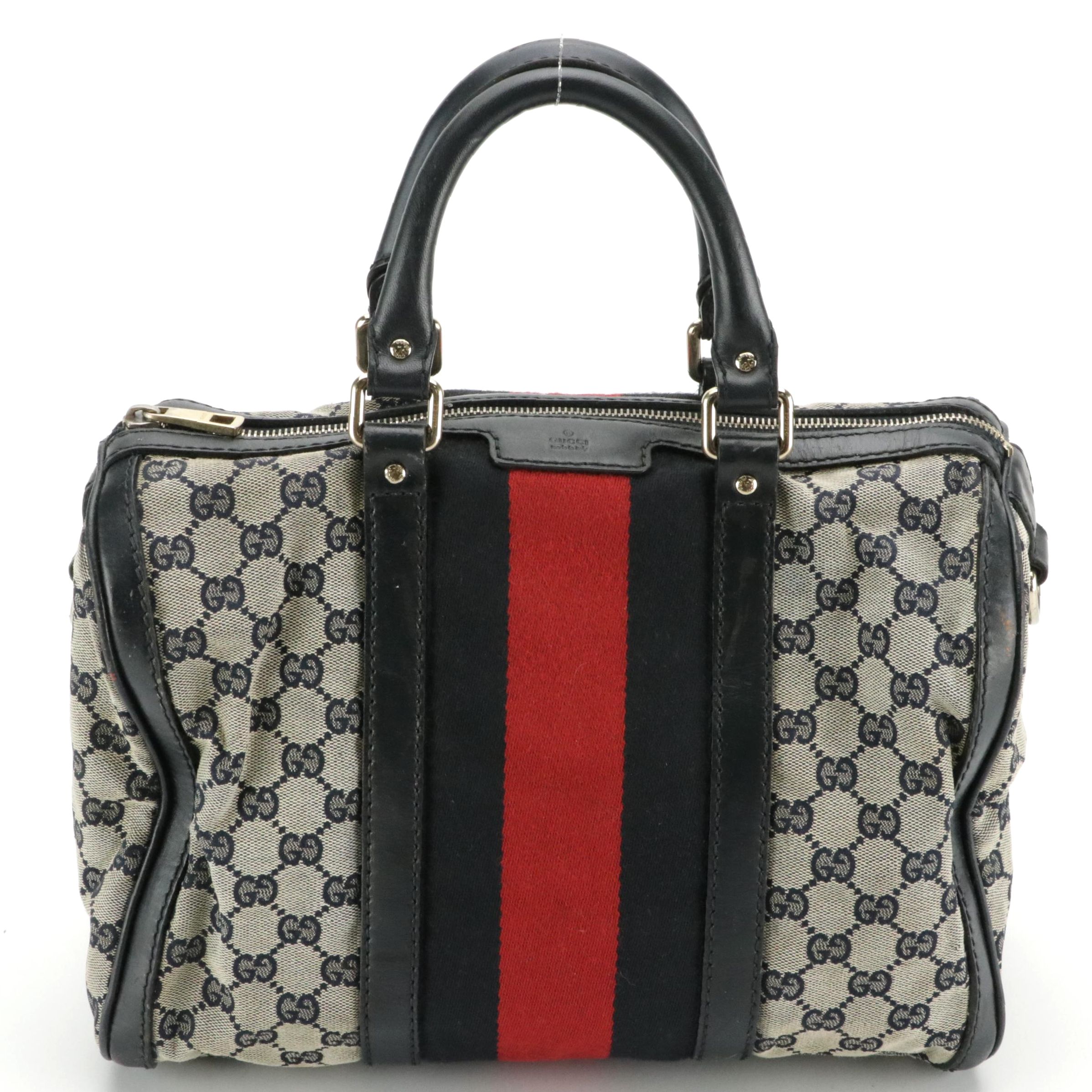 Gucci Two-Way Boston Bag in Navy Blue Canvas, Web Stripe and Leather