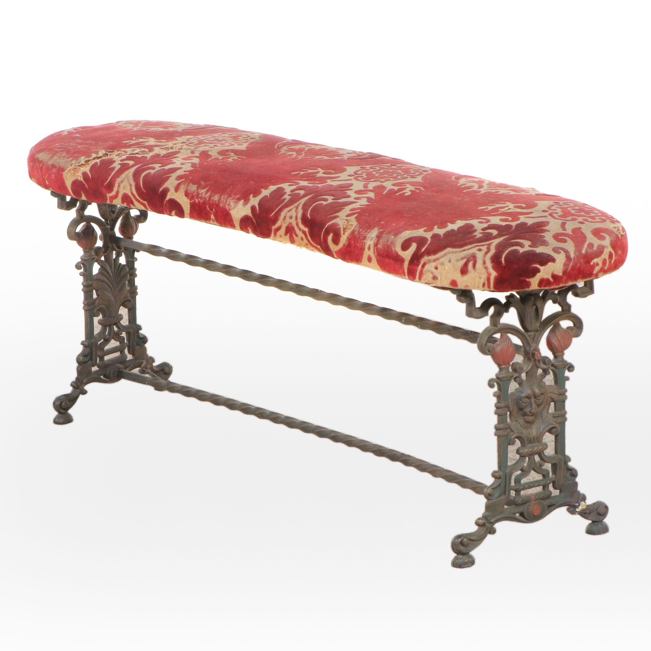 Antique Cast Iron Bench with Paisley Upholstery