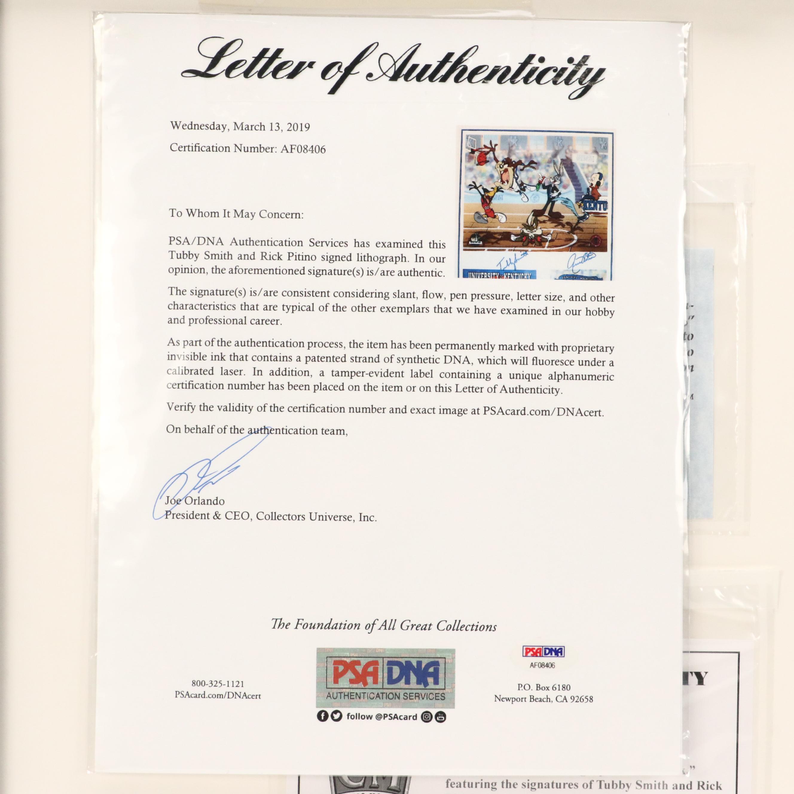 Tubby Smith and Rick Pitino Signed Looney Tunes Kentucky Wildcats Print, PSA