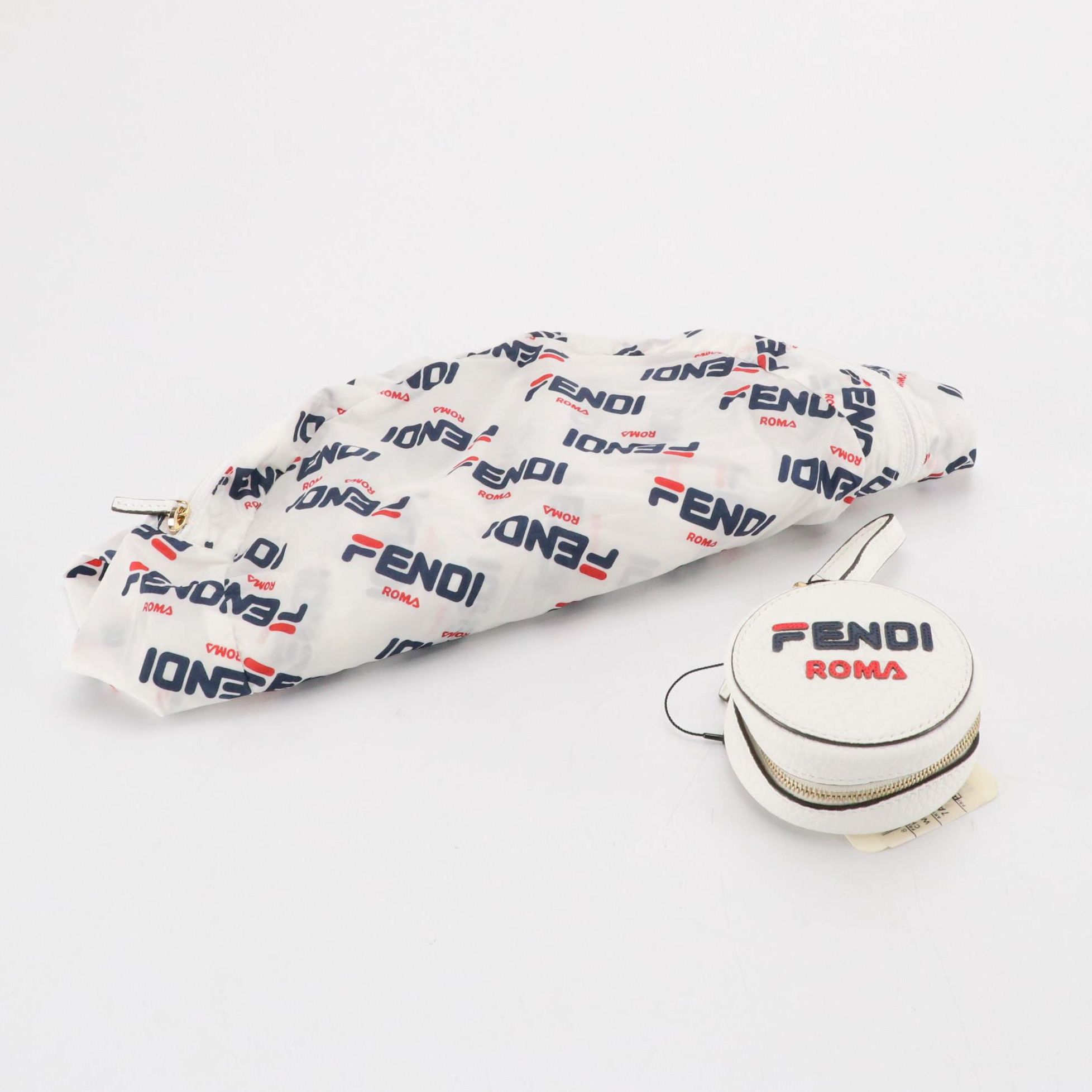 Fendi x Fila White Calfskin Leather Zip Pouch Bag Charm & Printed Nylon Backpack