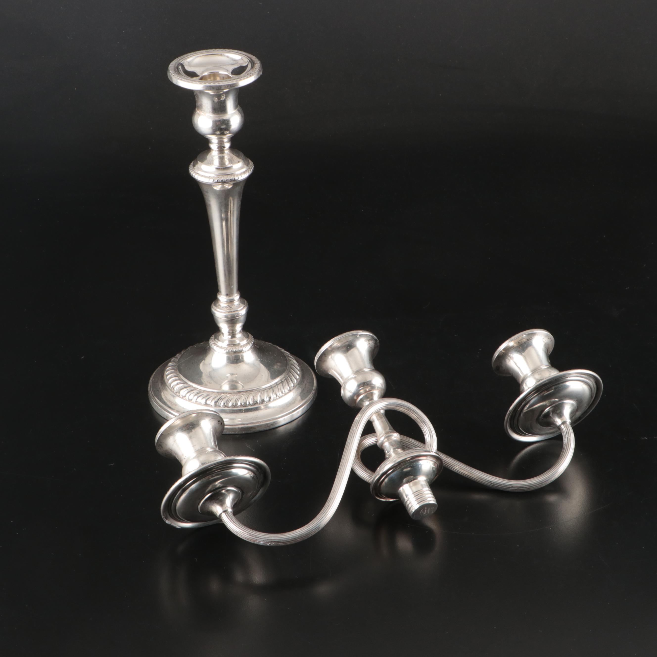 Pair of Ellmore Weighted Sterling Silver Convertible Three-Arm Candelabra