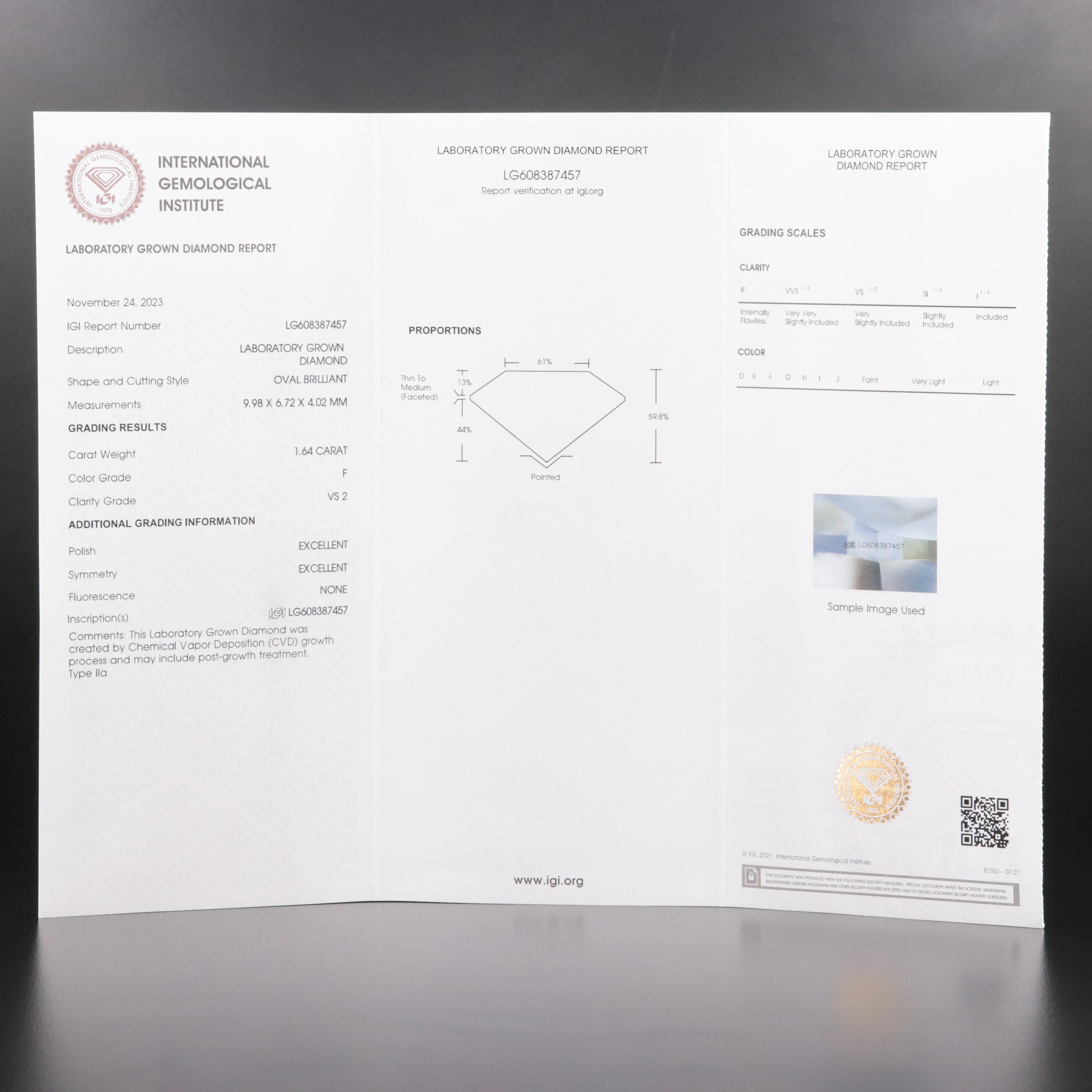 Loose 1.64 CT Lab Grown Diamond with IGI Report