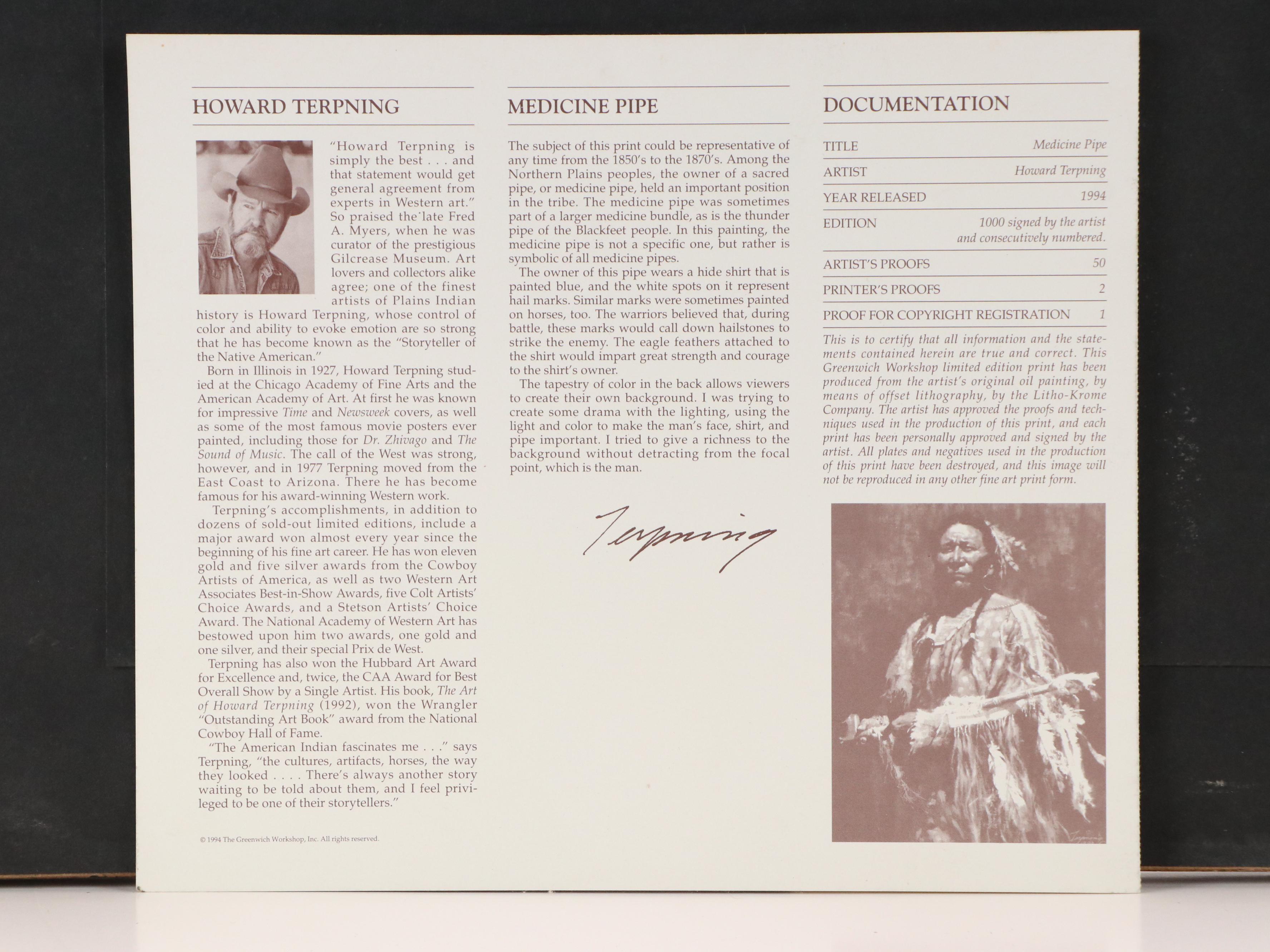 Howard Terpning Offset Lithograph "Medicine Pipe," 1994