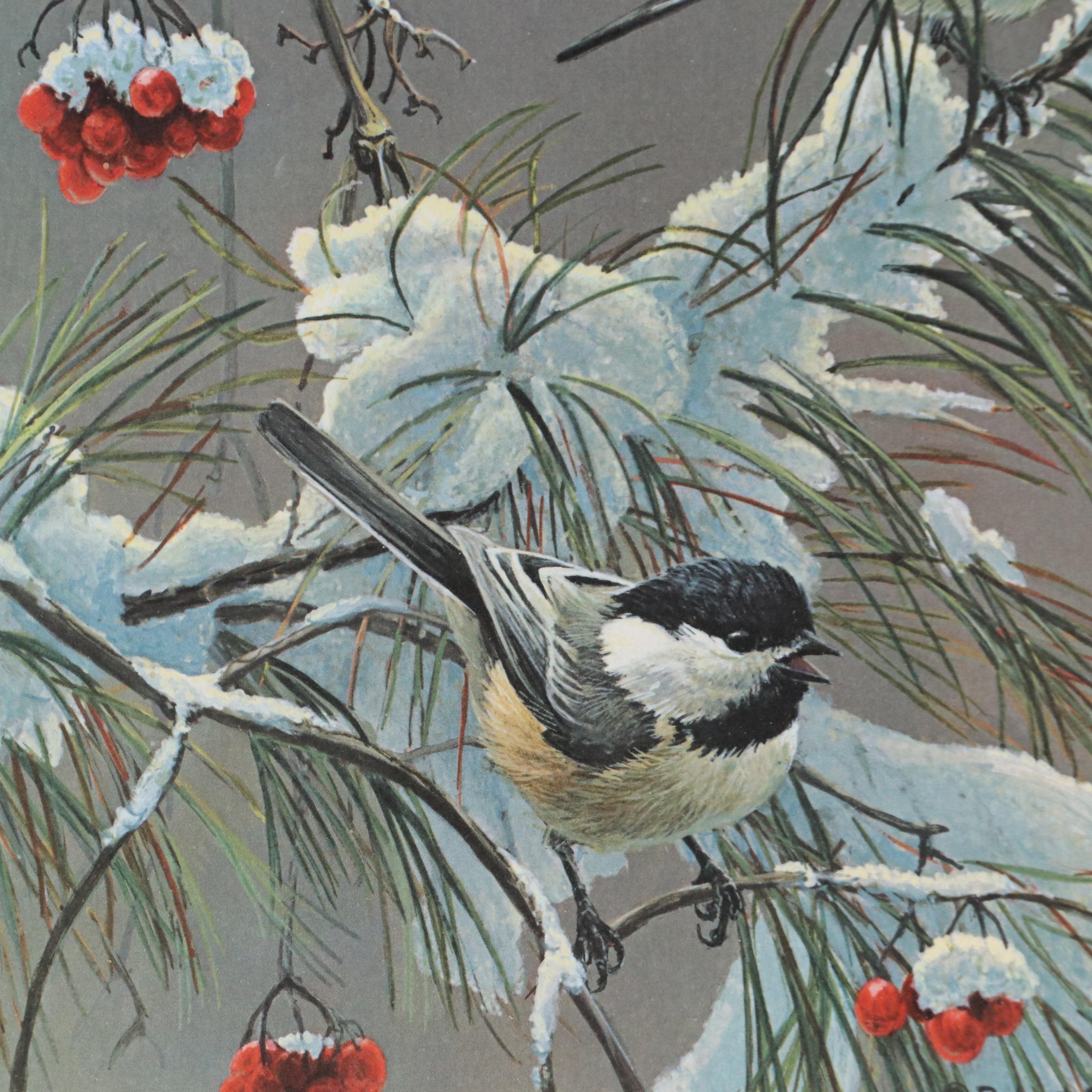 Robert Bateman Offset Lithograph "Winter Song - Chickadees," 1980