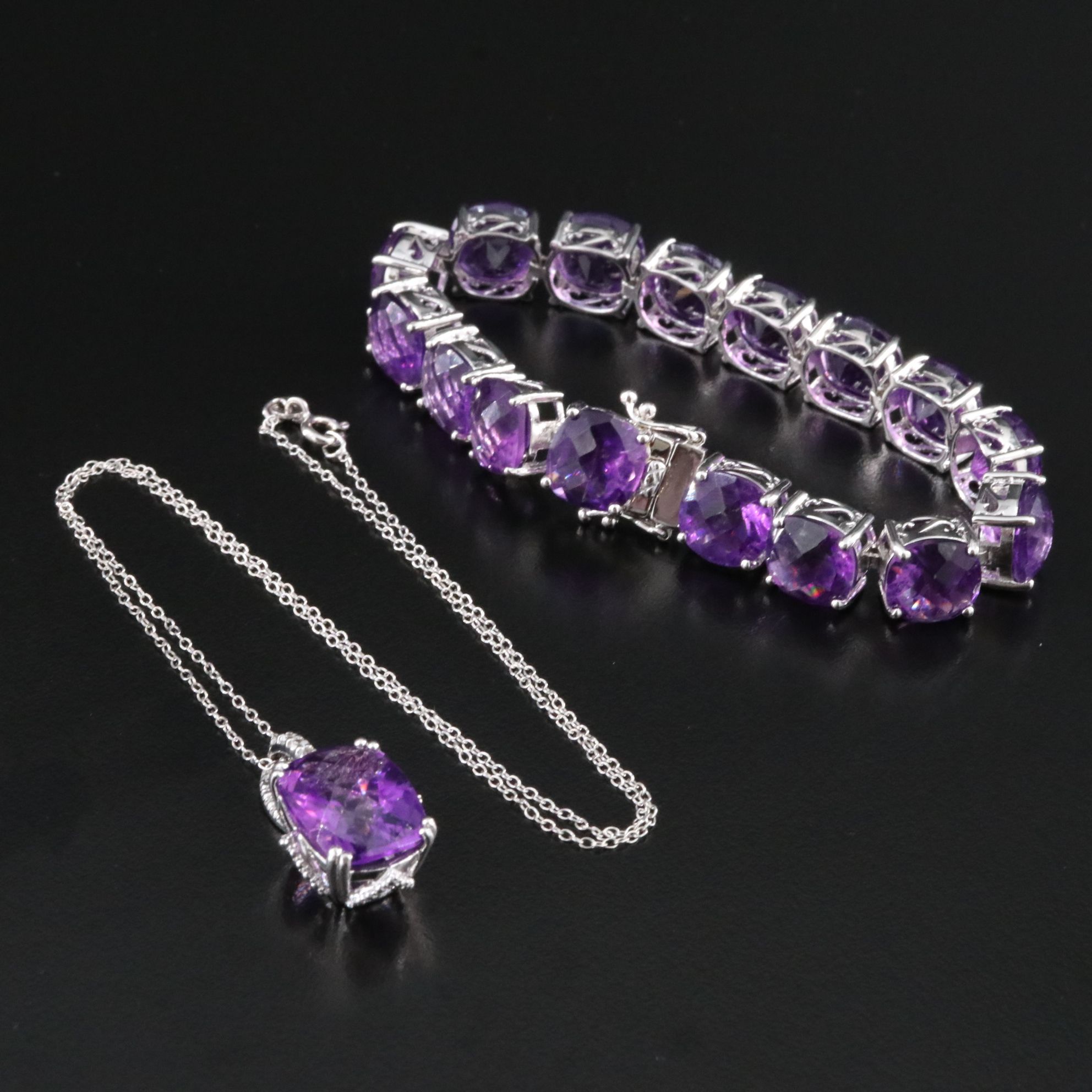 Sterling Amethyst and White Sapphire Bracelet and Pendant Necklace