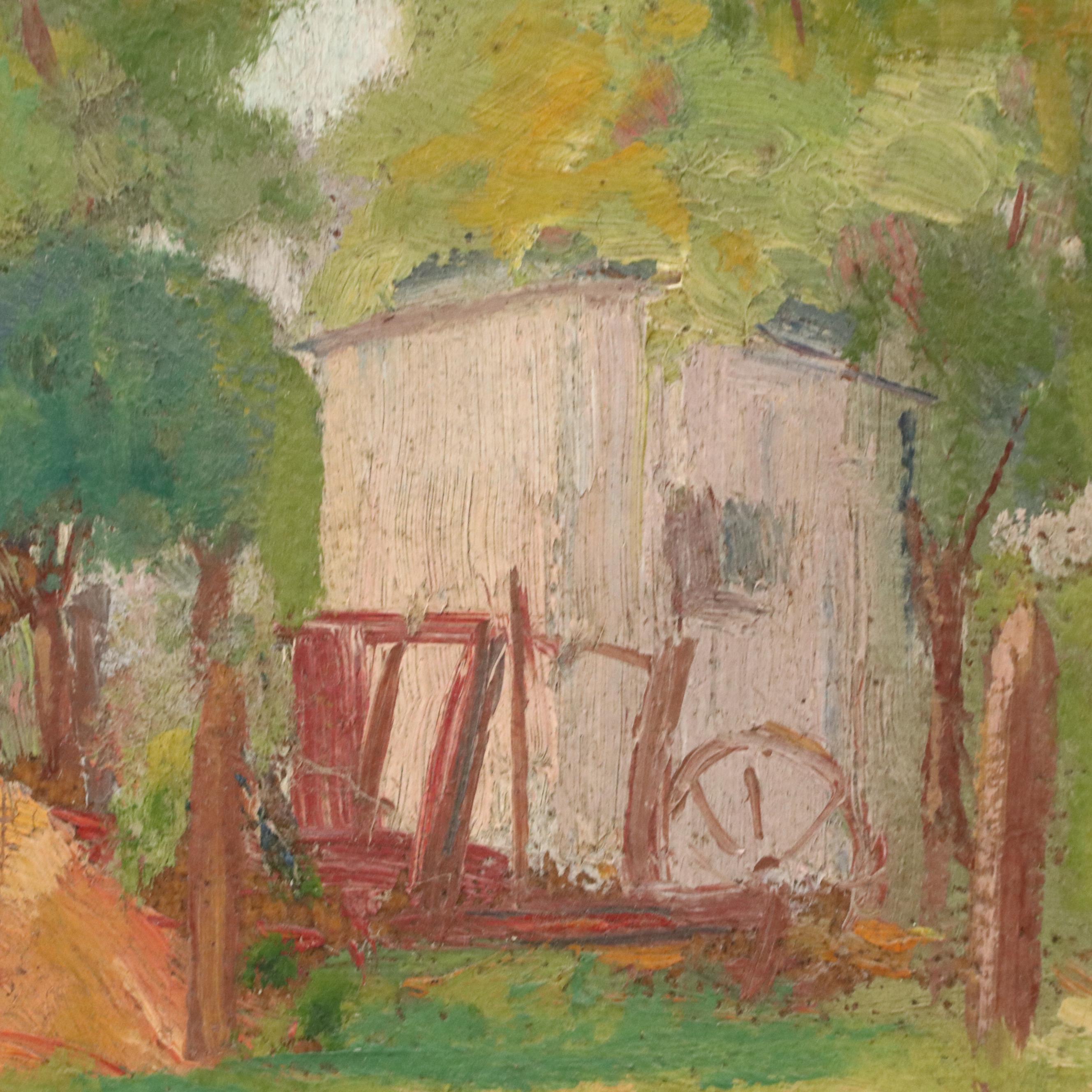 Morris Shokler Impressionist Oil Painting of Rural Farm Landscape With Equipment