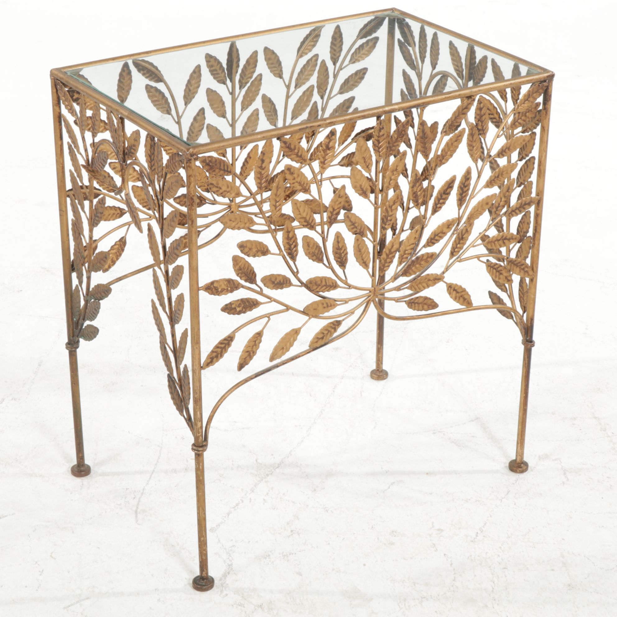 Bronze  Toned Metal Glass-Top Side Table with Foliage Decoration