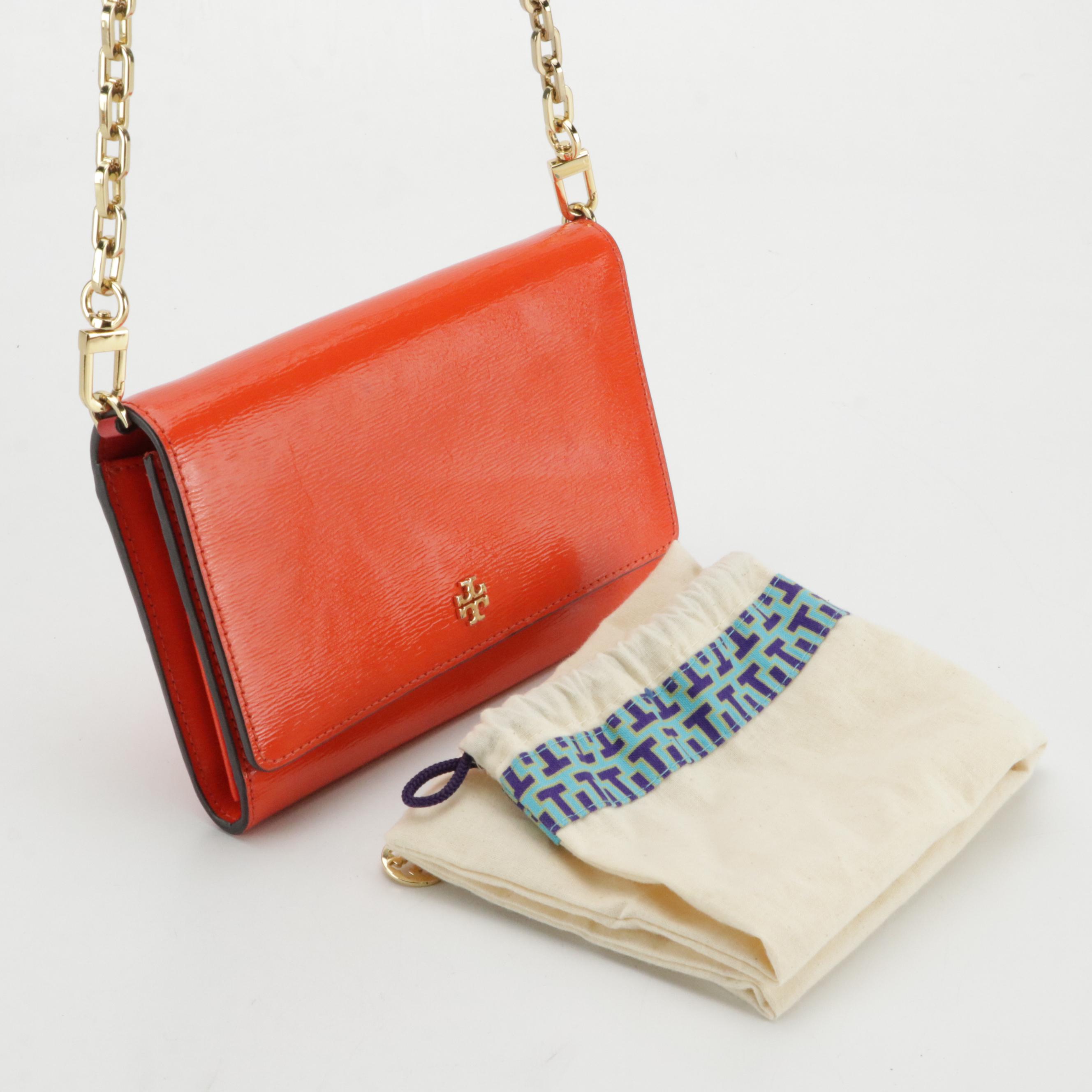 Tory Burch Orange Textured Leather Flap-Front Chain Wallet