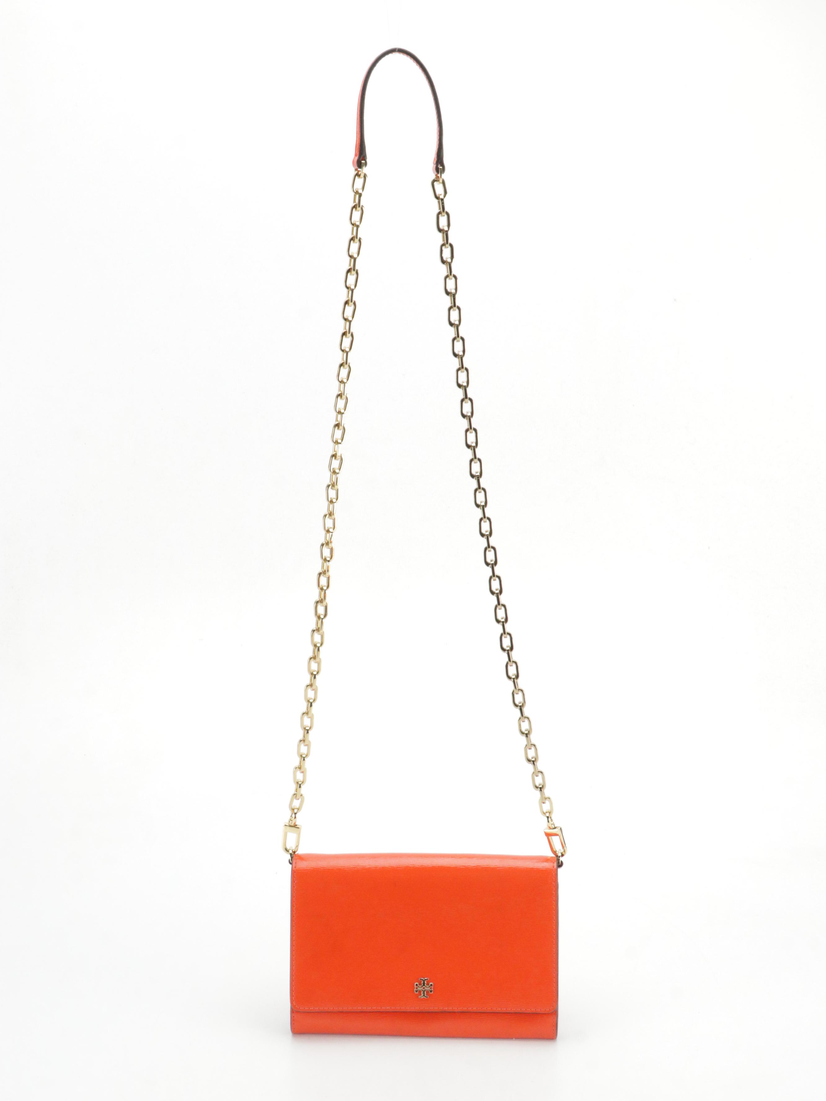Tory Burch Orange Textured Leather Flap-Front Chain Wallet