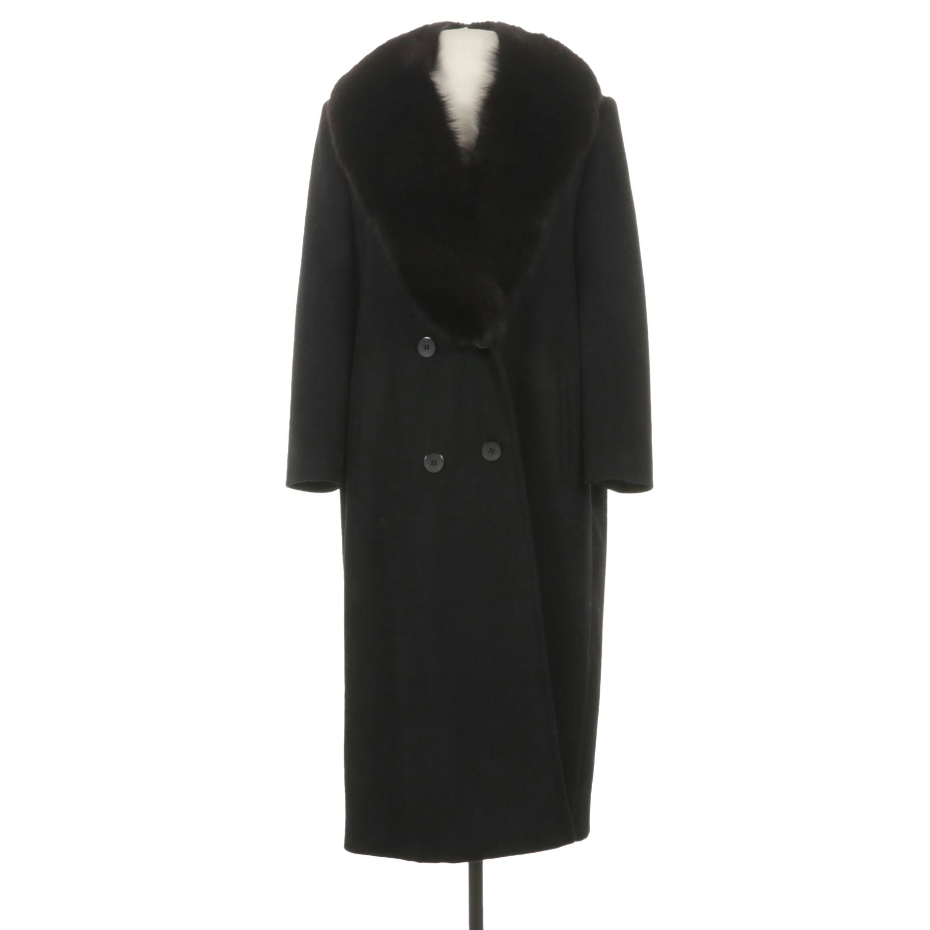 Black Wool Trench Coat with Fox Fur Collar by Rosenblum's