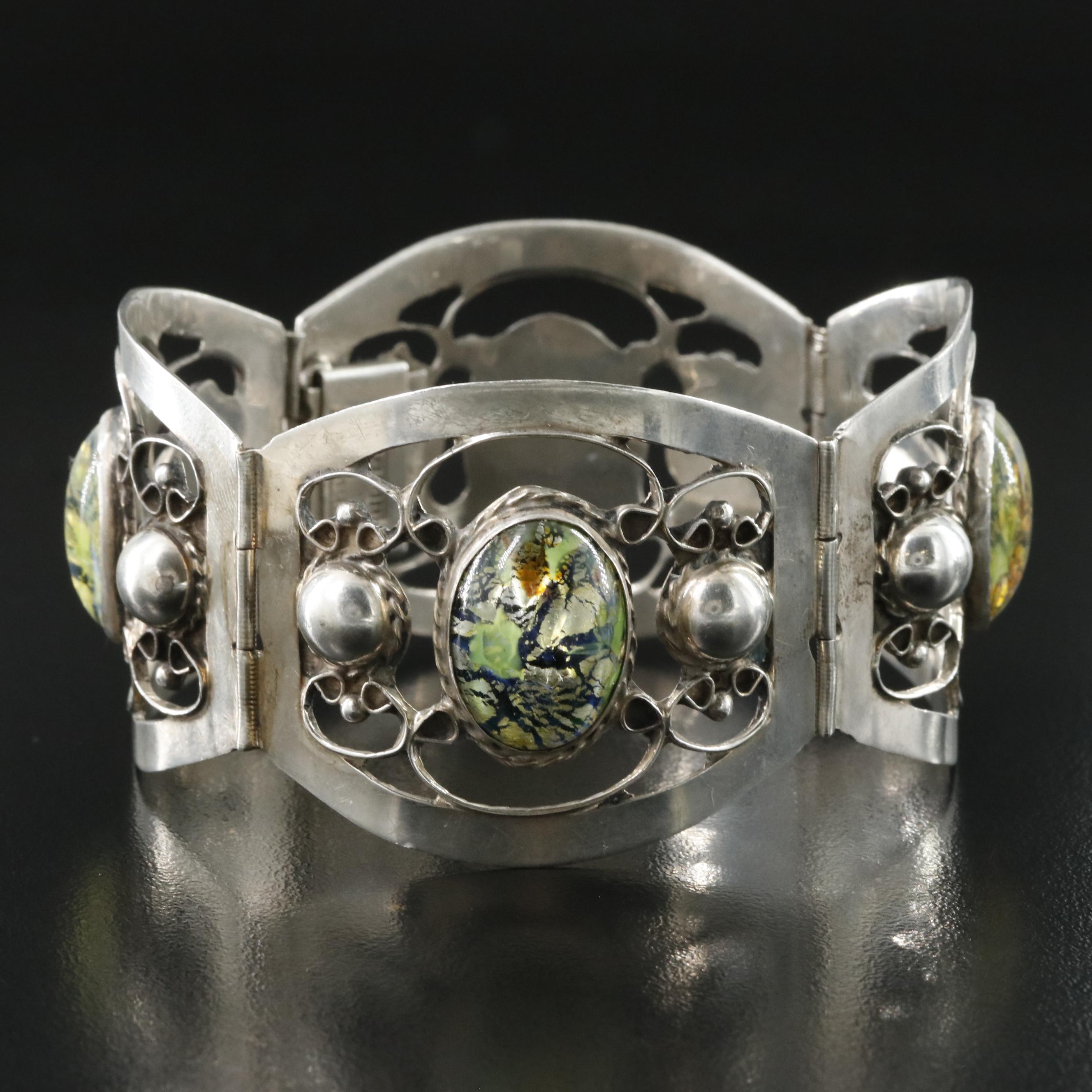Mexican Sterling Cat's Eye Foiled Glass Panel Bracelet
