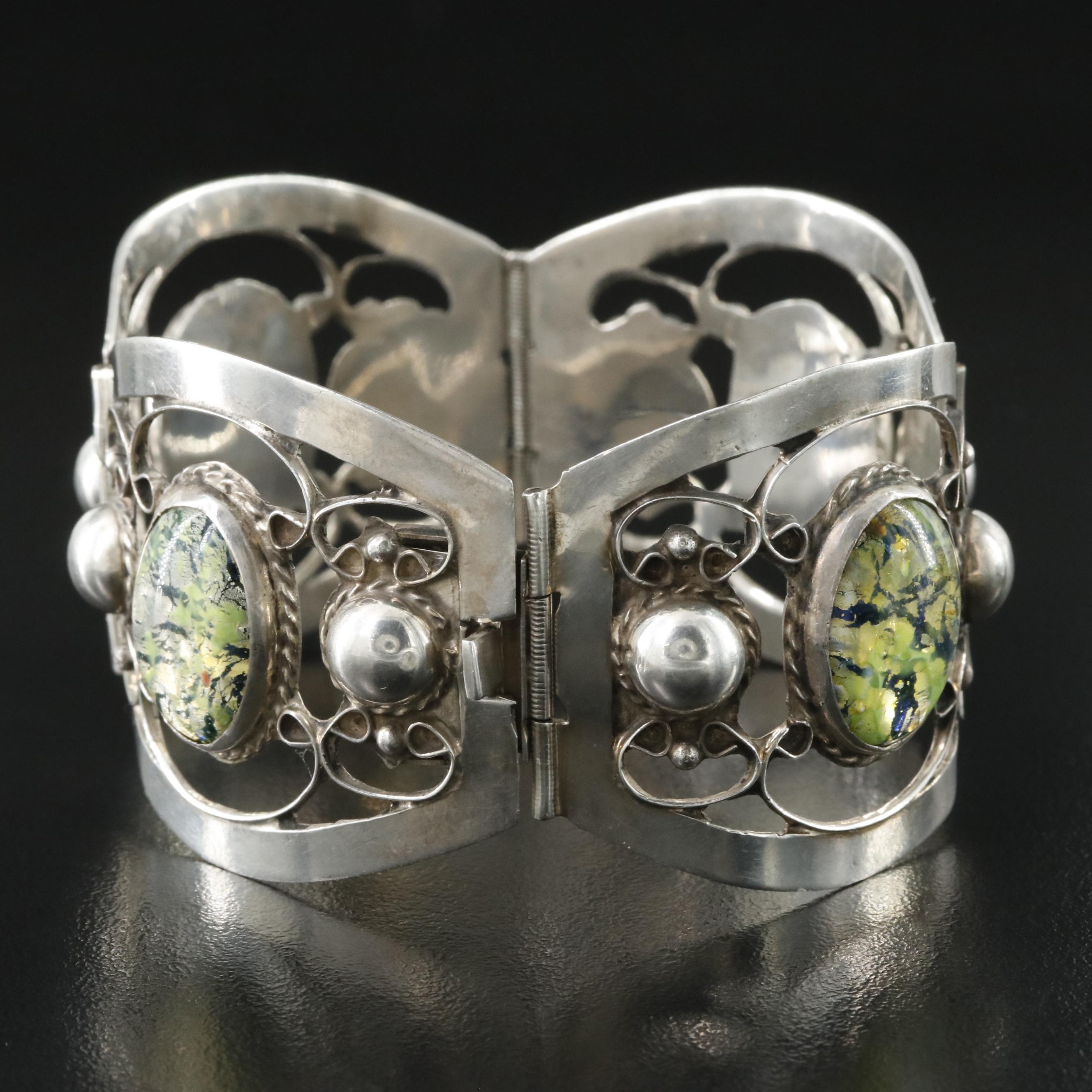 Mexican Sterling Cat's Eye Foiled Glass Panel Bracelet