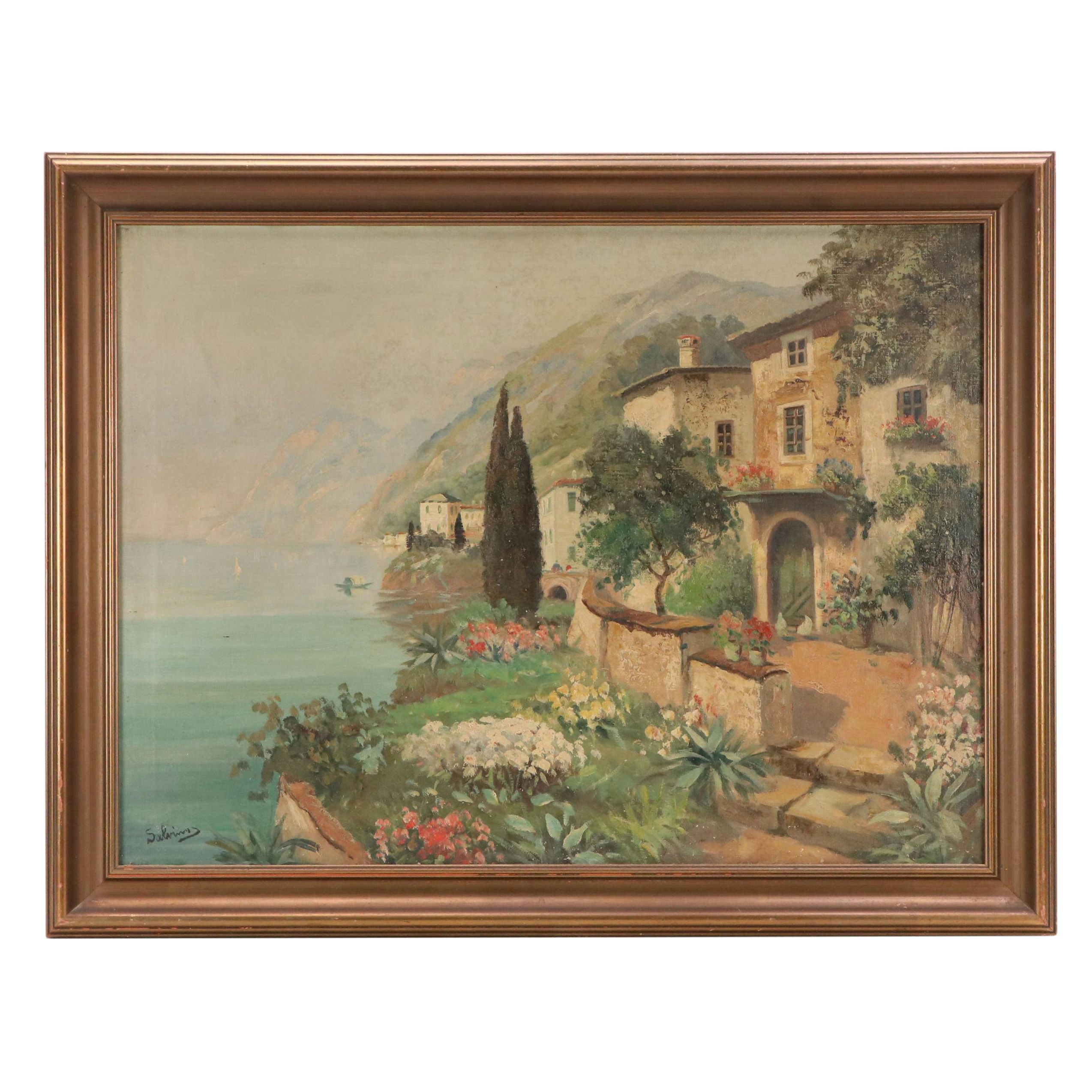 Salvino Mediterranean Coastal Oil Painting with Tuscan Style Gardens