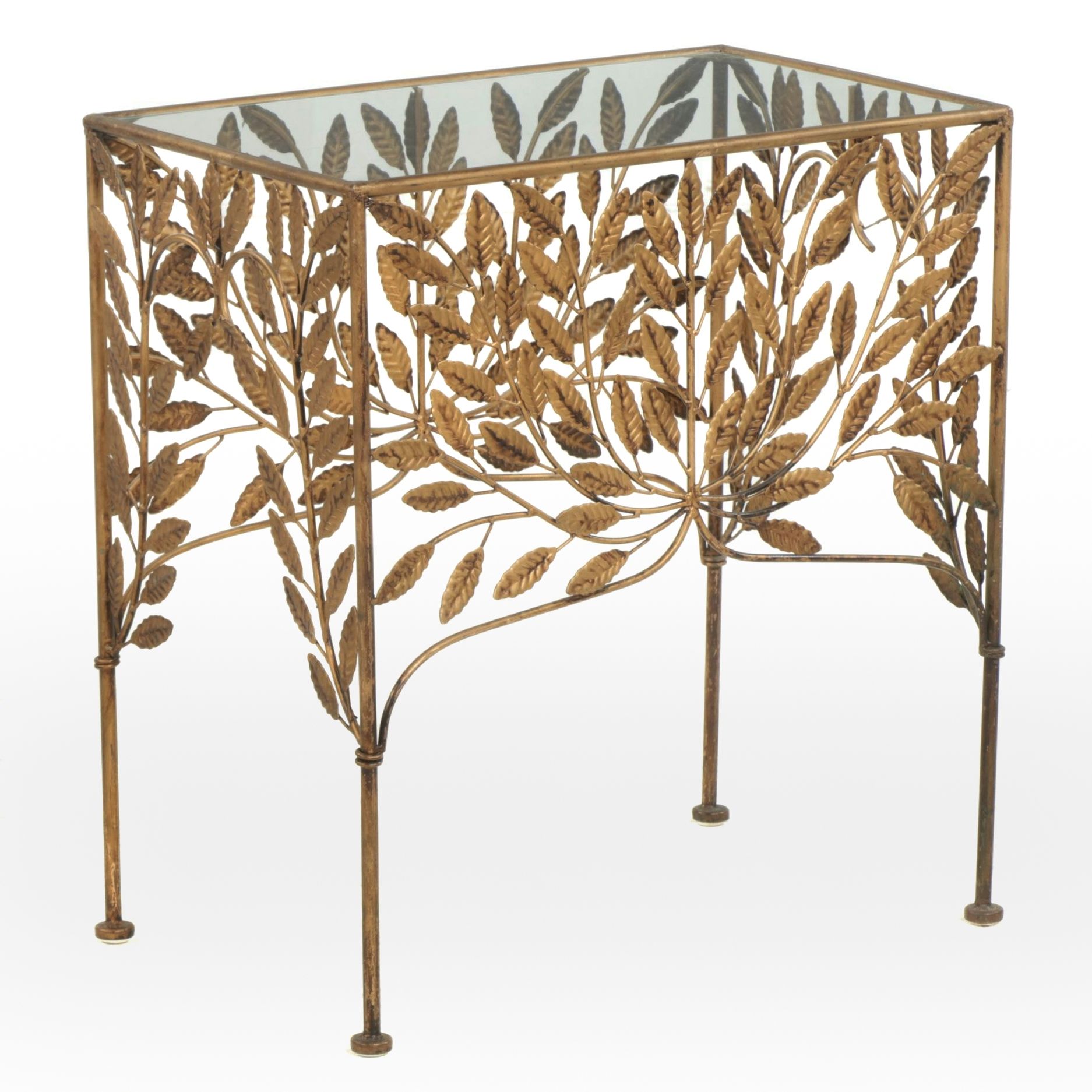 Bronze  Toned Metal Glass-Top Side Table with Foliage Decoration