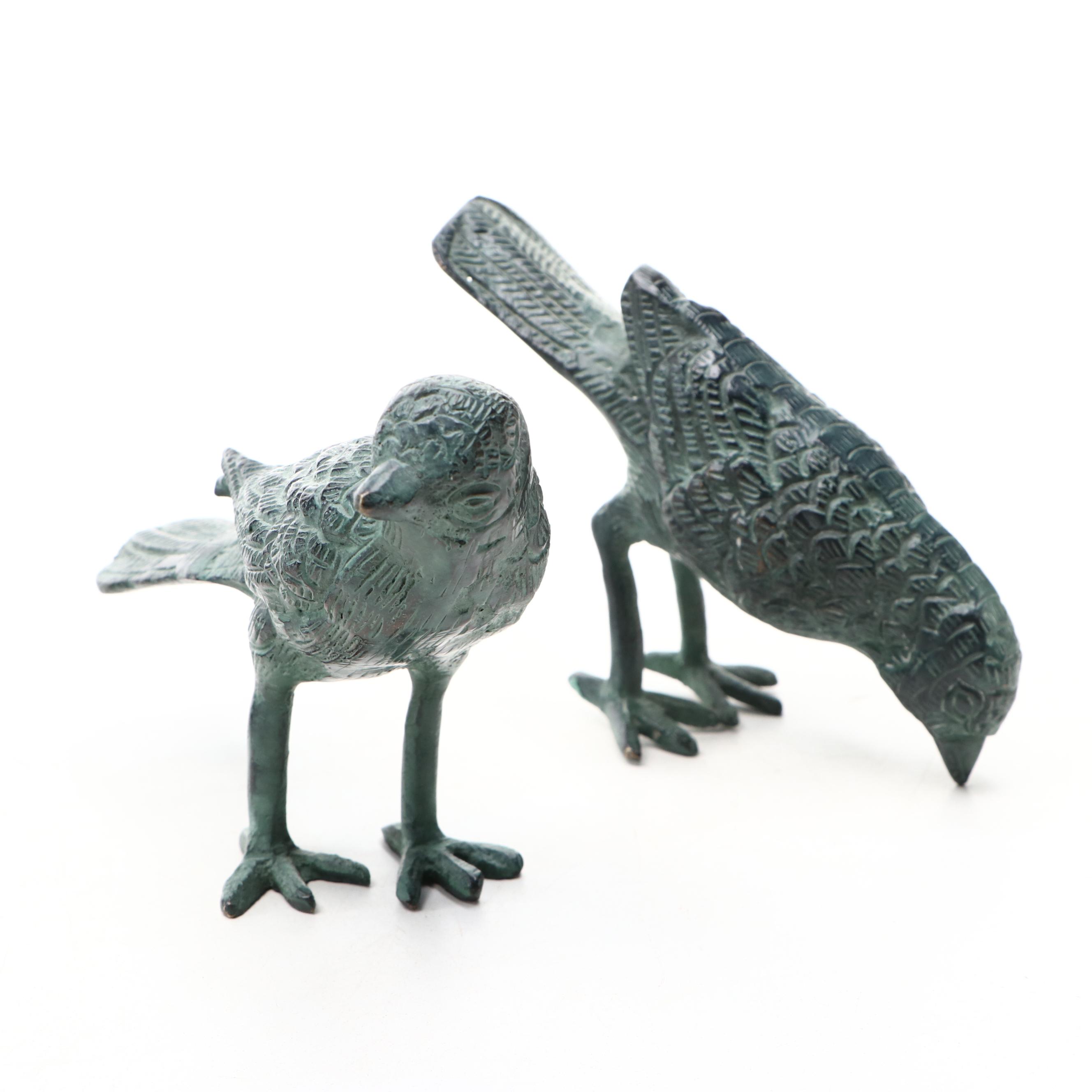 Cast Metal Bird Butler Candlestick and Verdigris Metal Songbird Figurines