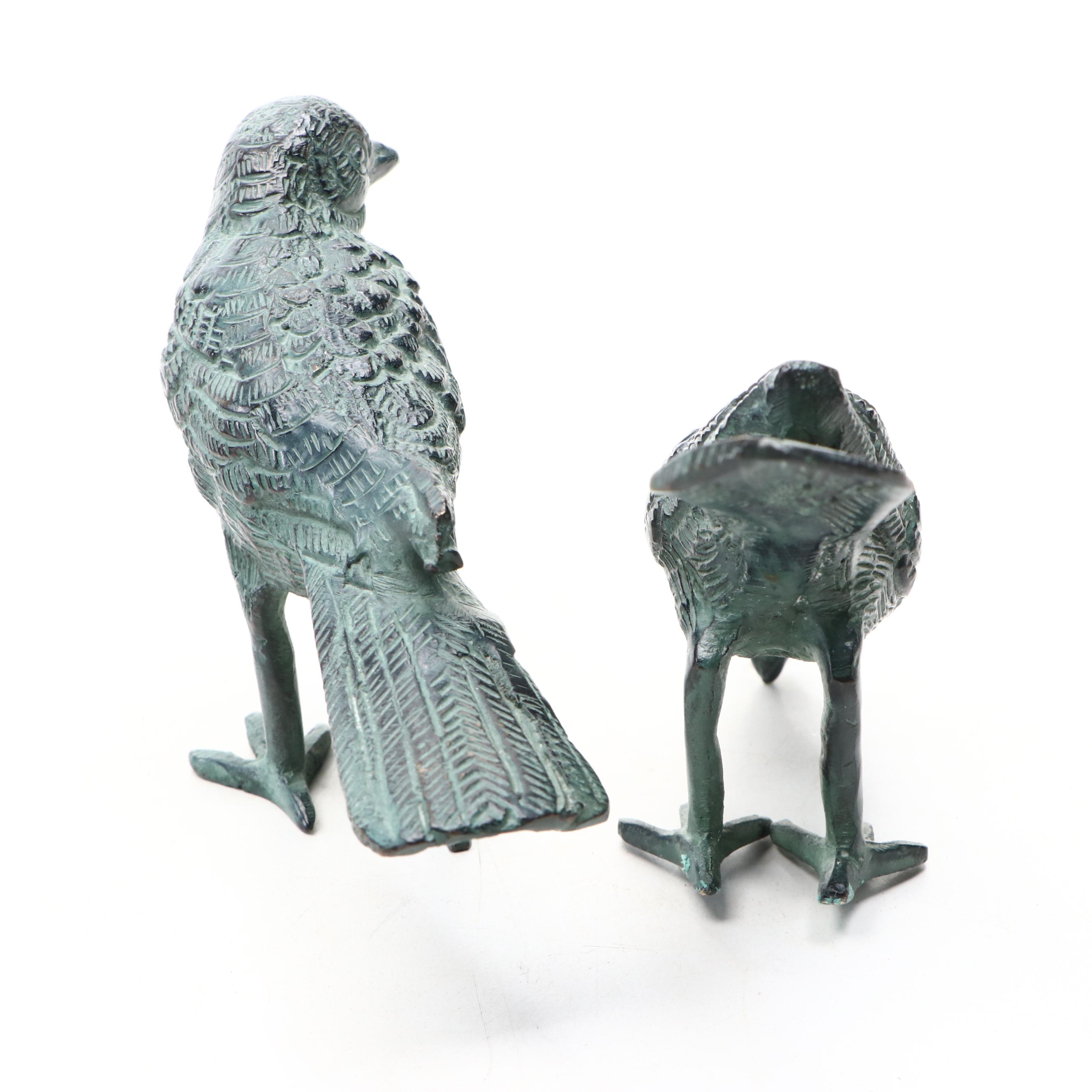 Cast Metal Bird Butler Candlestick and Verdigris Metal Songbird Figurines