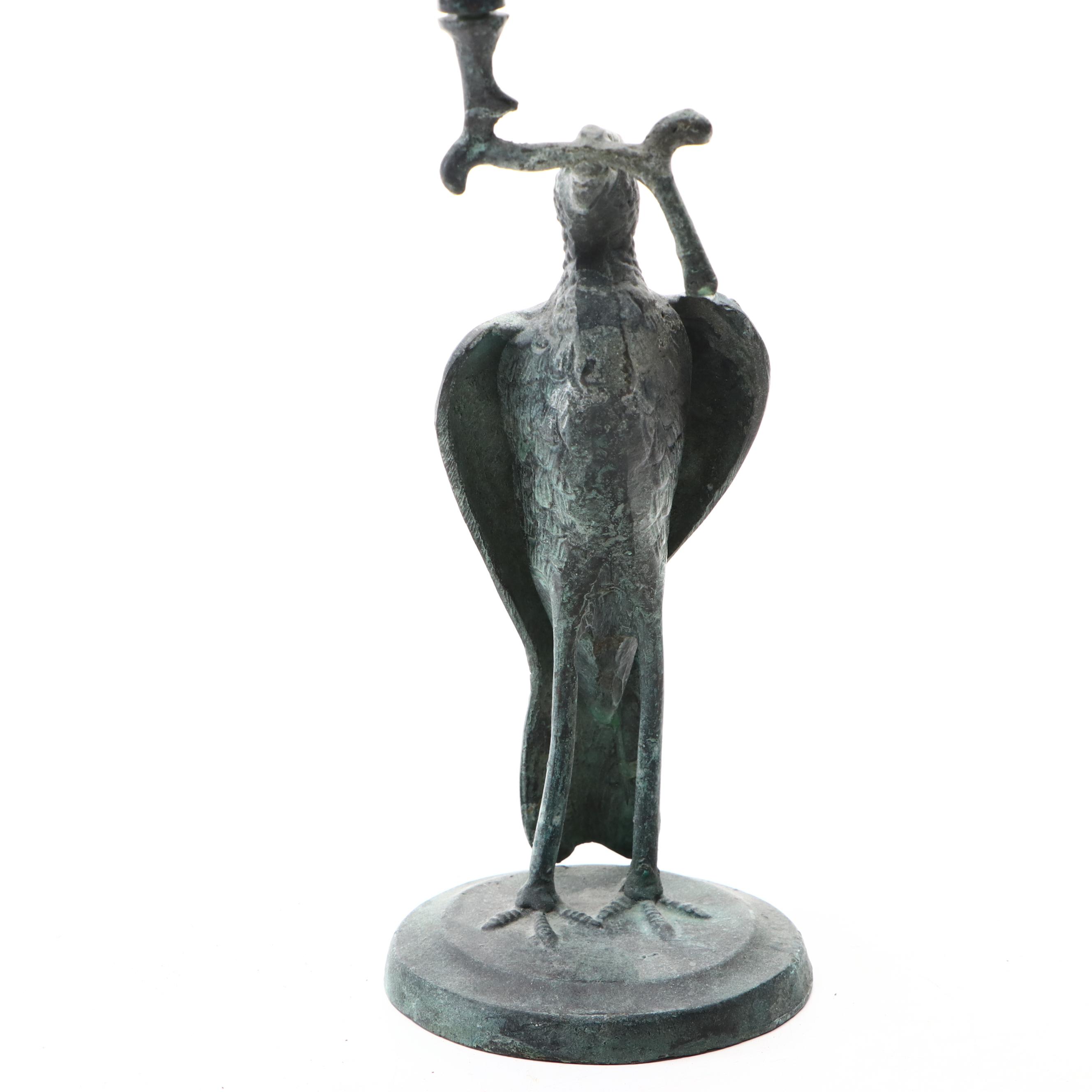 Cast Metal Bird Butler Candlestick and Verdigris Metal Songbird Figurines