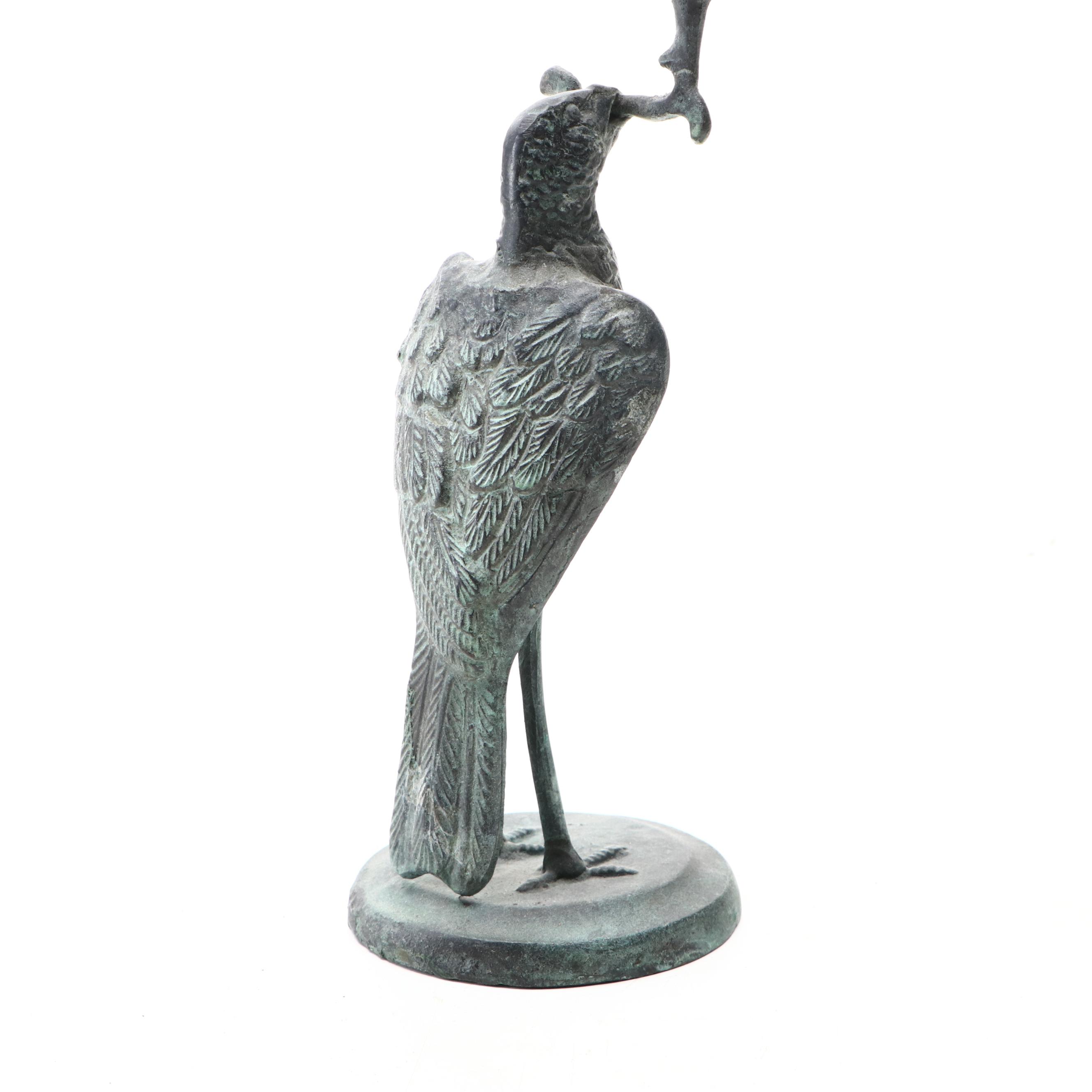 Cast Metal Bird Butler Candlestick and Verdigris Metal Songbird Figurines