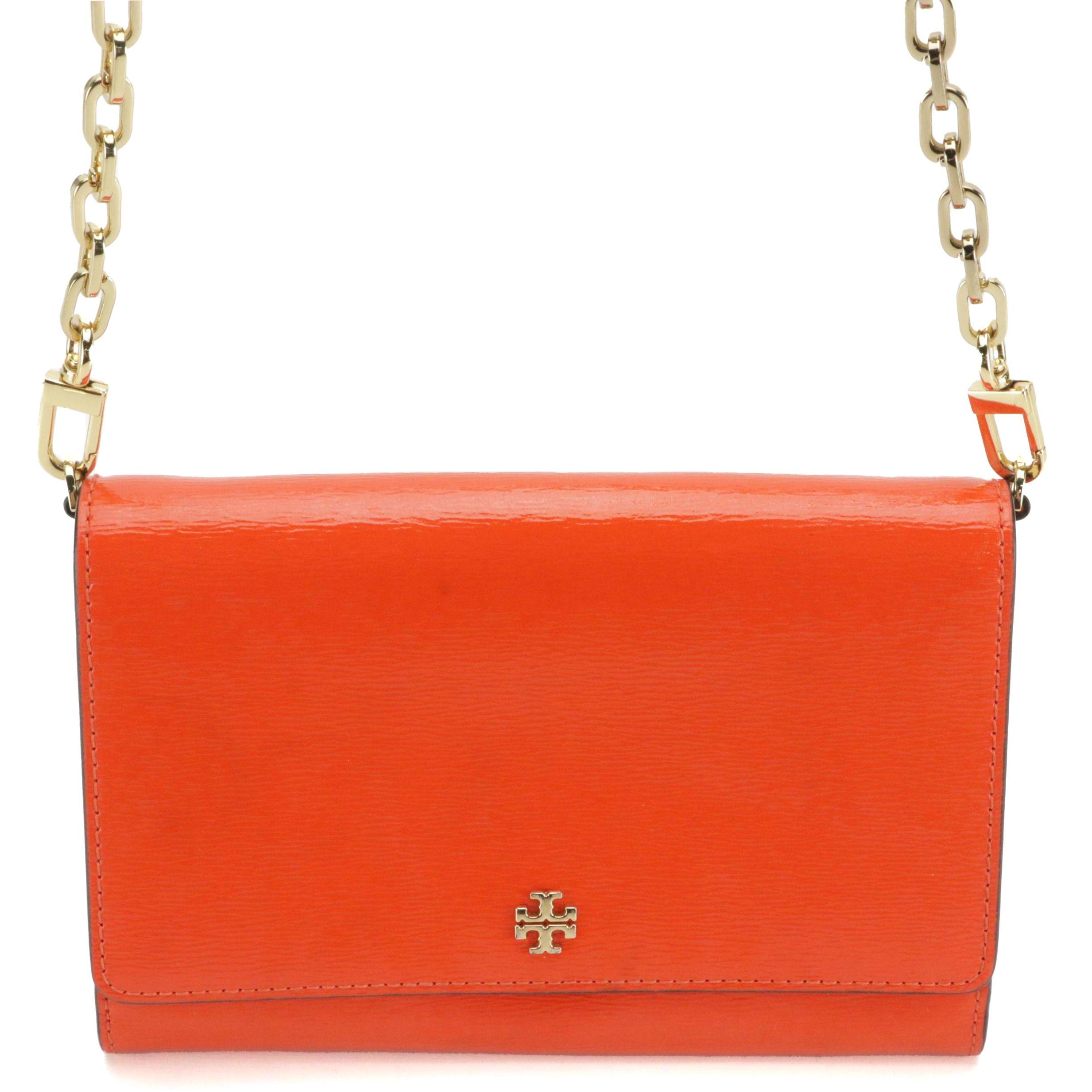 Tory Burch Orange Textured Leather Flap-Front Chain Wallet