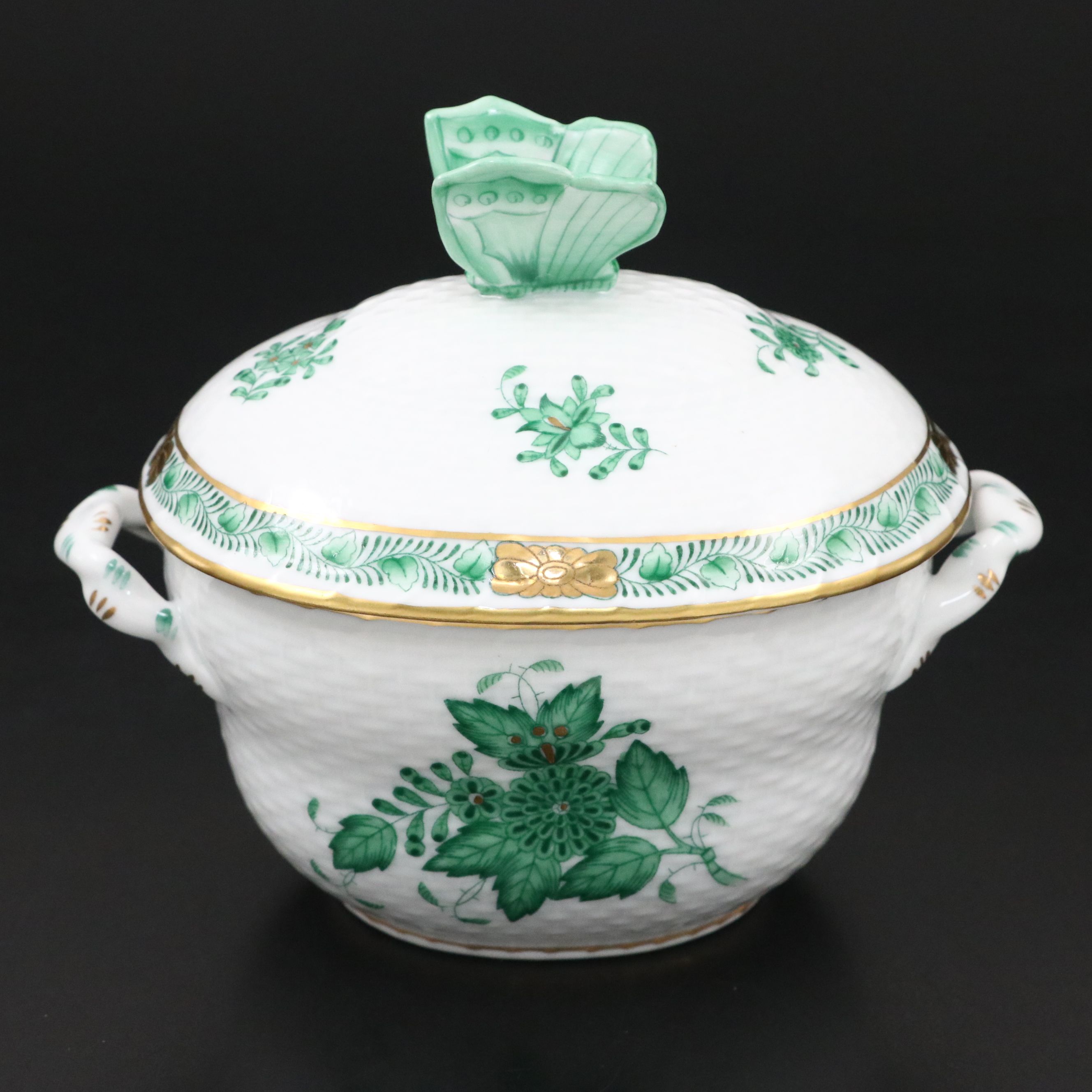 Herend Green "Chinese Bouquet" Porcelain Candy Box with Butterfly Finial
