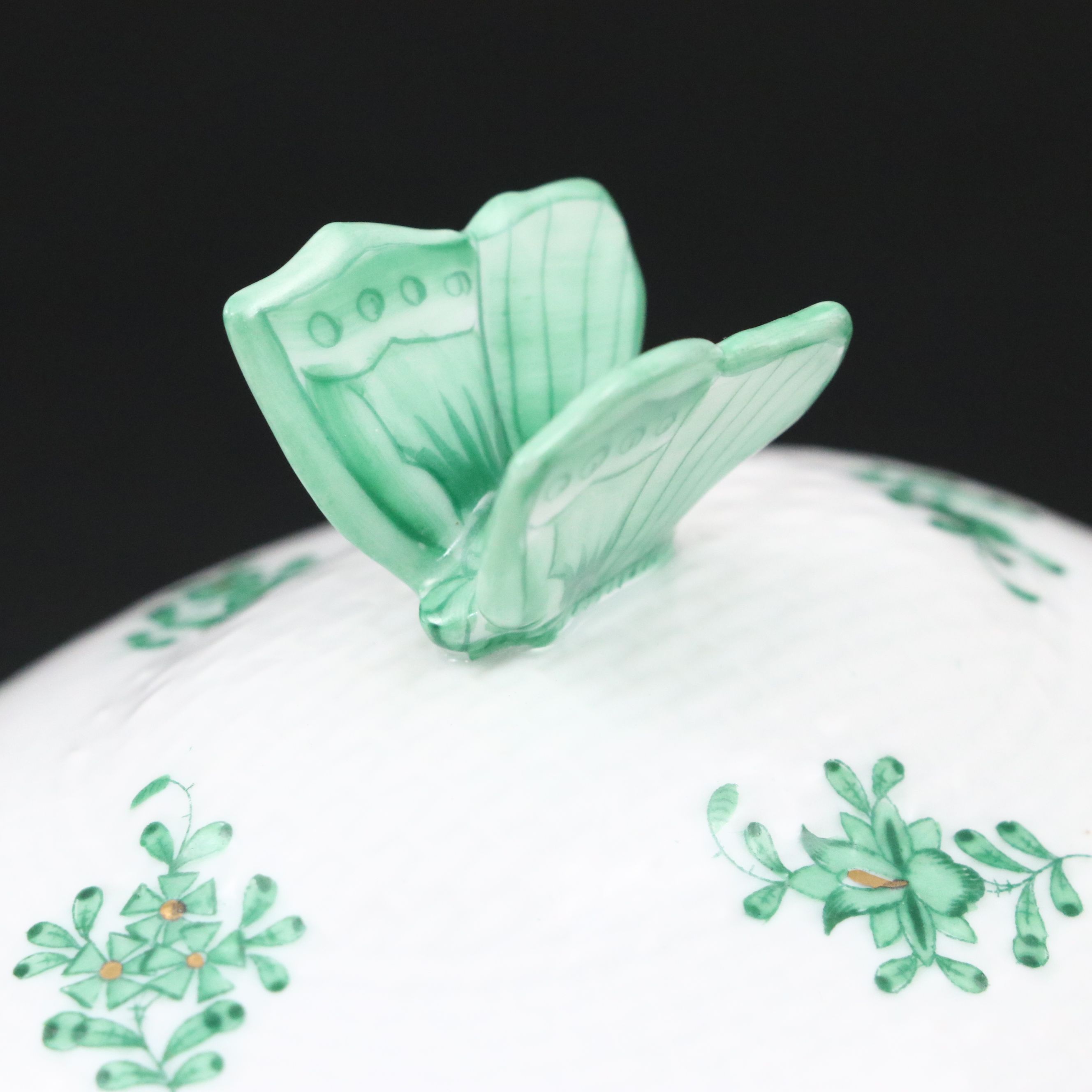 Herend Green "Chinese Bouquet" Porcelain Candy Box with Butterfly Finial