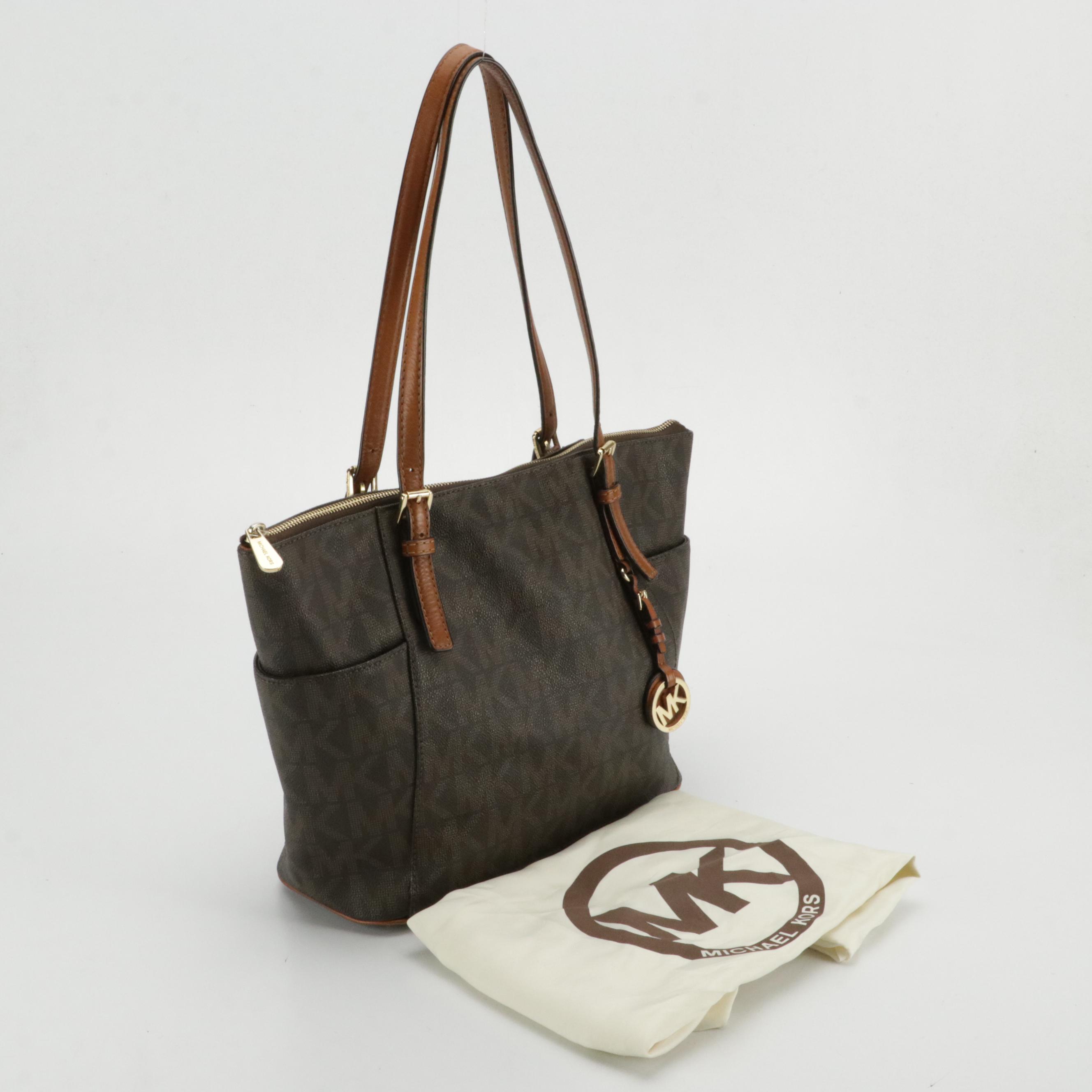 Michael Kors Signature Canvas Tote Bag and Black Leather Two-Way Chain Strap Bag