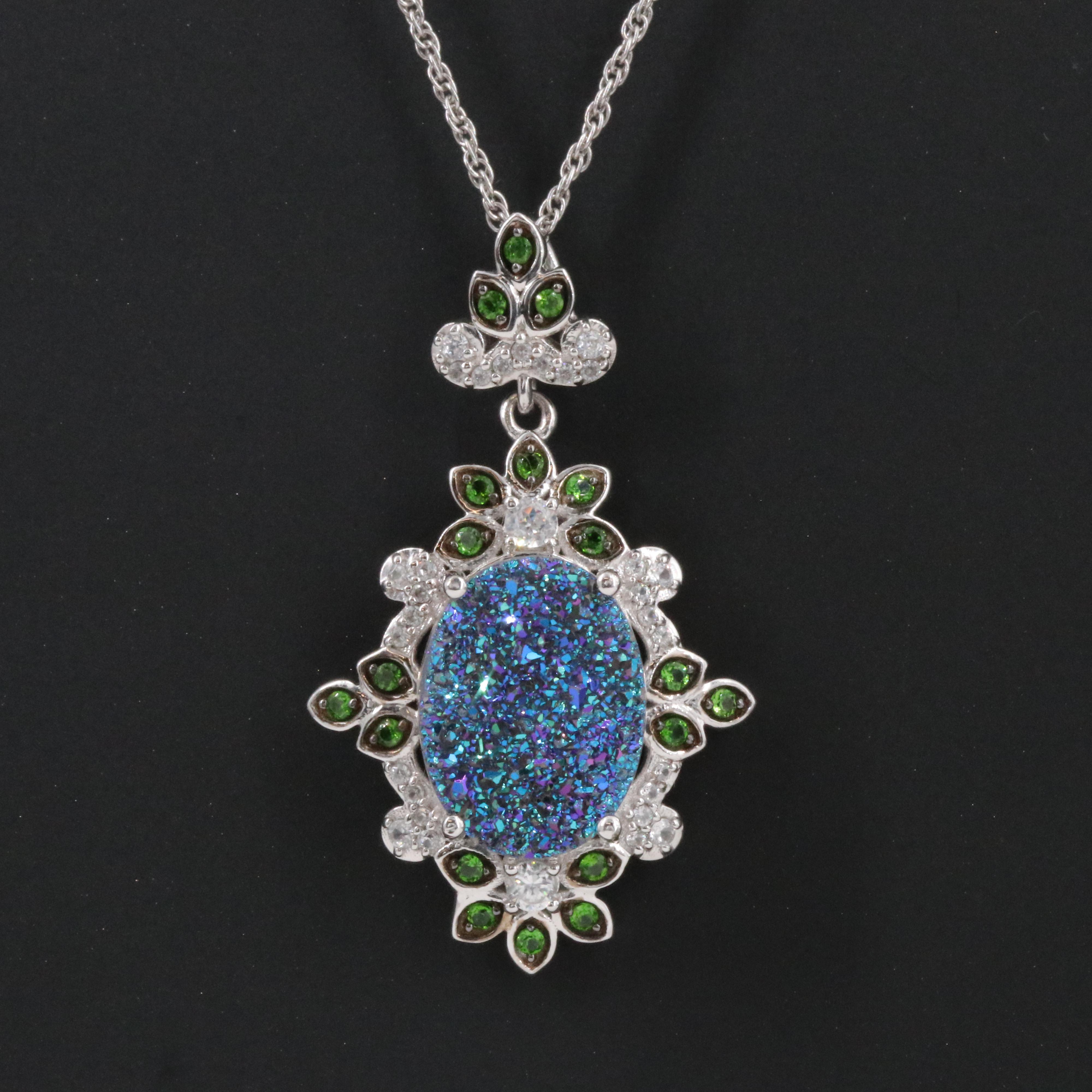 Sterling Druzy, Zircon and Diopside Pendant Necklace