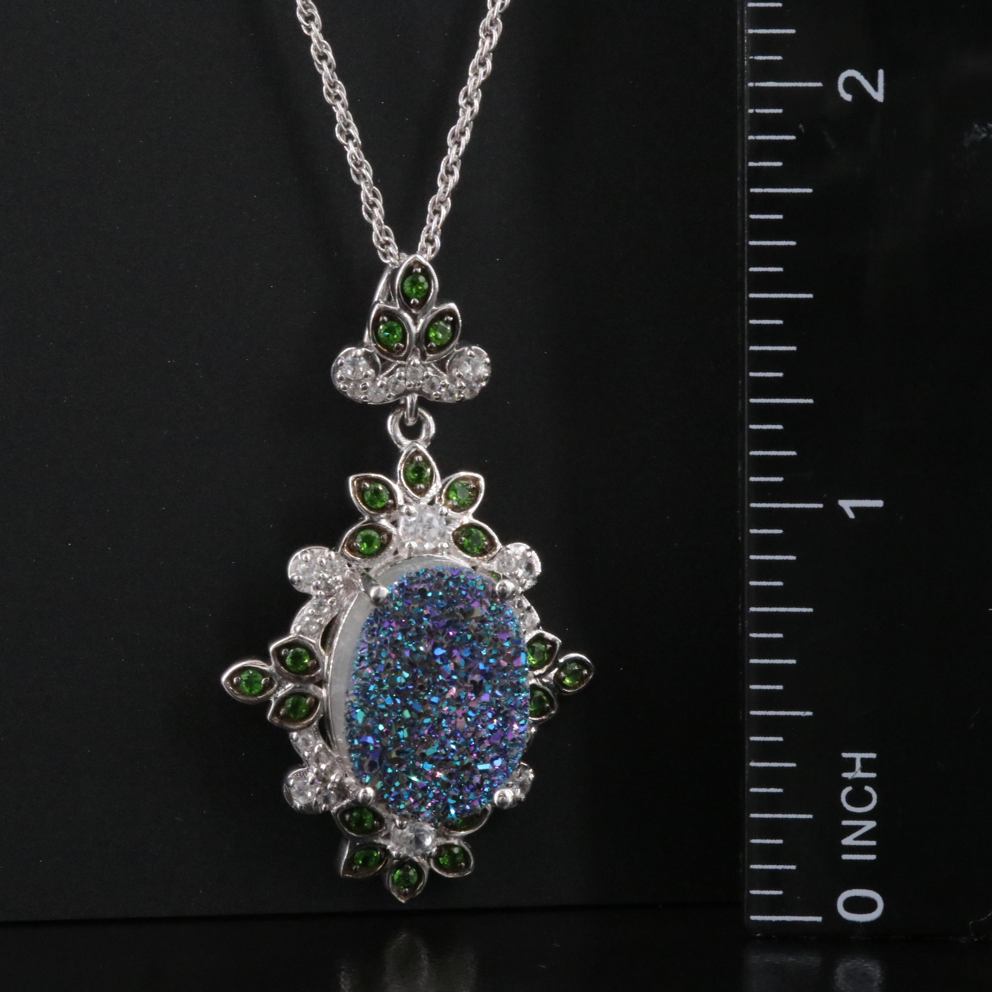 Sterling Druzy, Zircon and Diopside Pendant Necklace