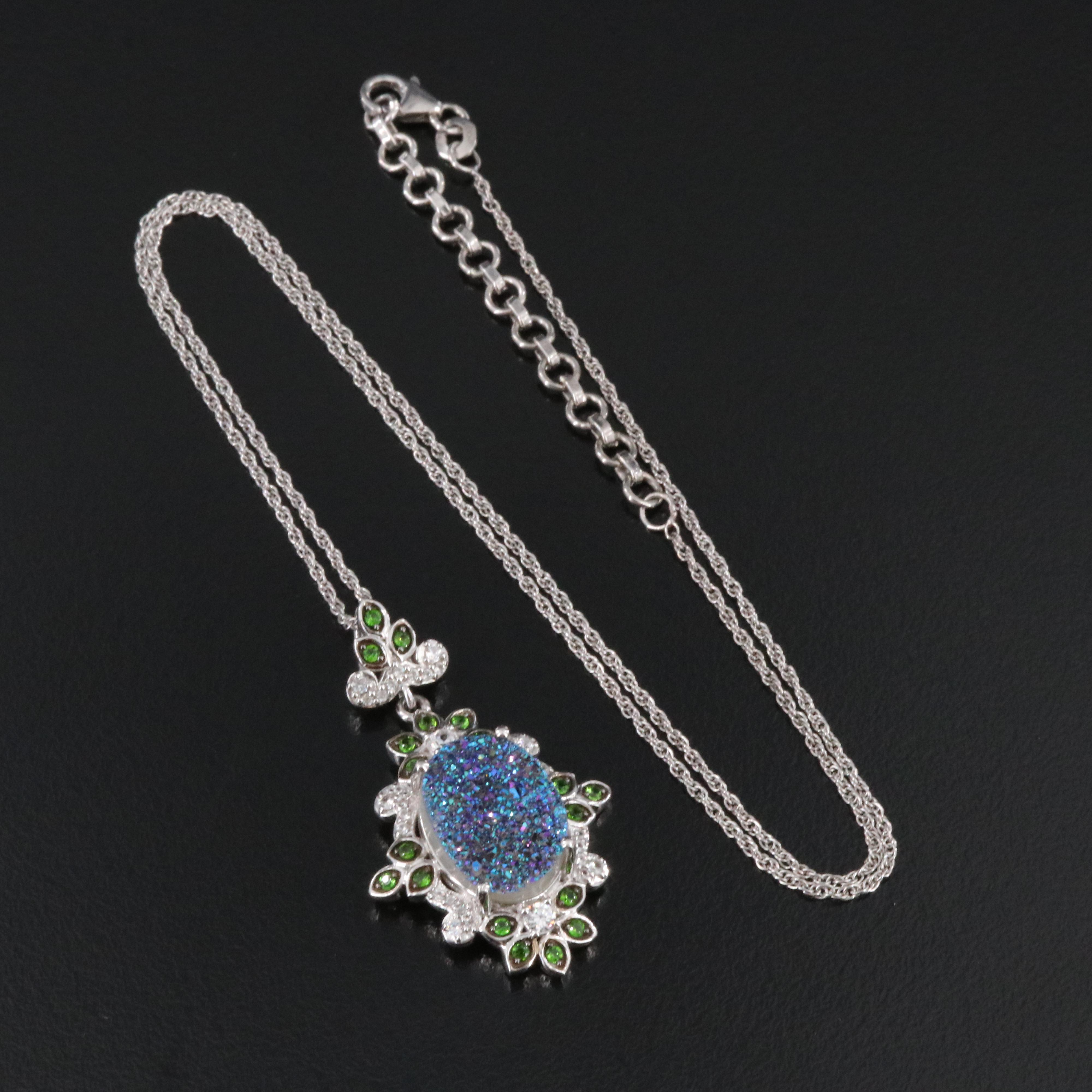 Sterling Druzy, Zircon and Diopside Pendant Necklace
