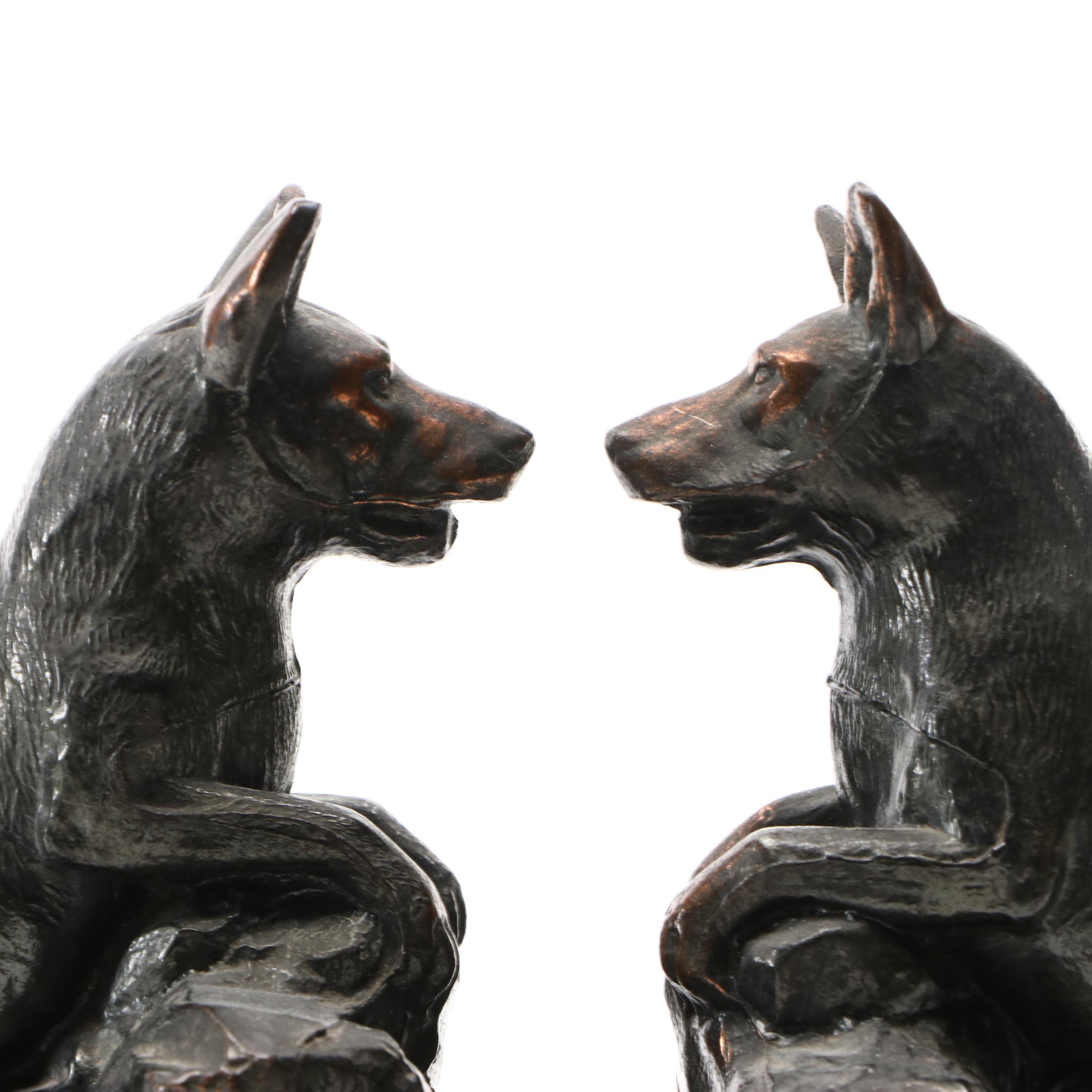 Pair of Bronzed Cast Metal German Shepherd Dog Bookends