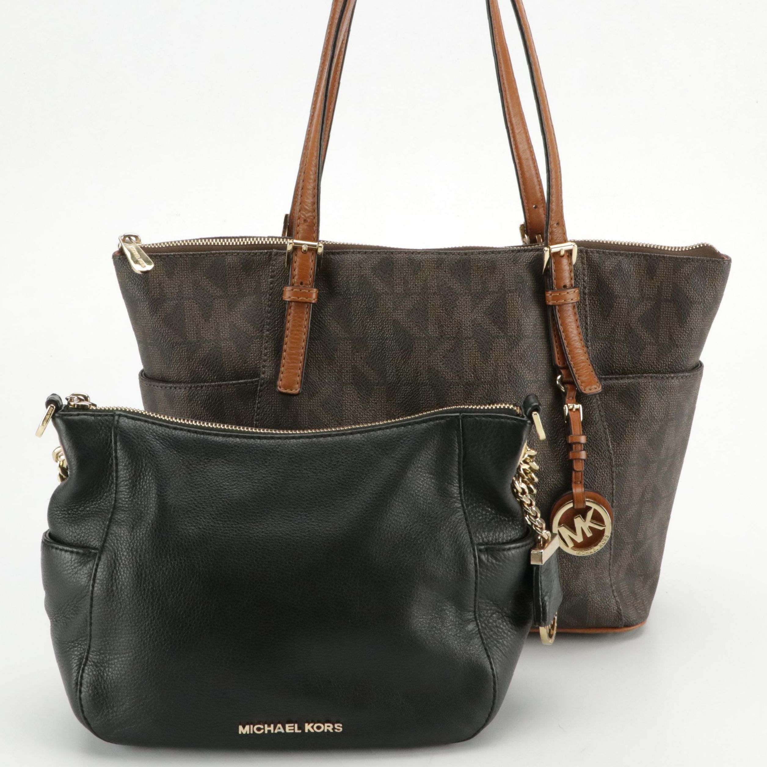 Michael Kors Signature Canvas Tote Bag and Black Leather Two-Way Chain Strap Bag