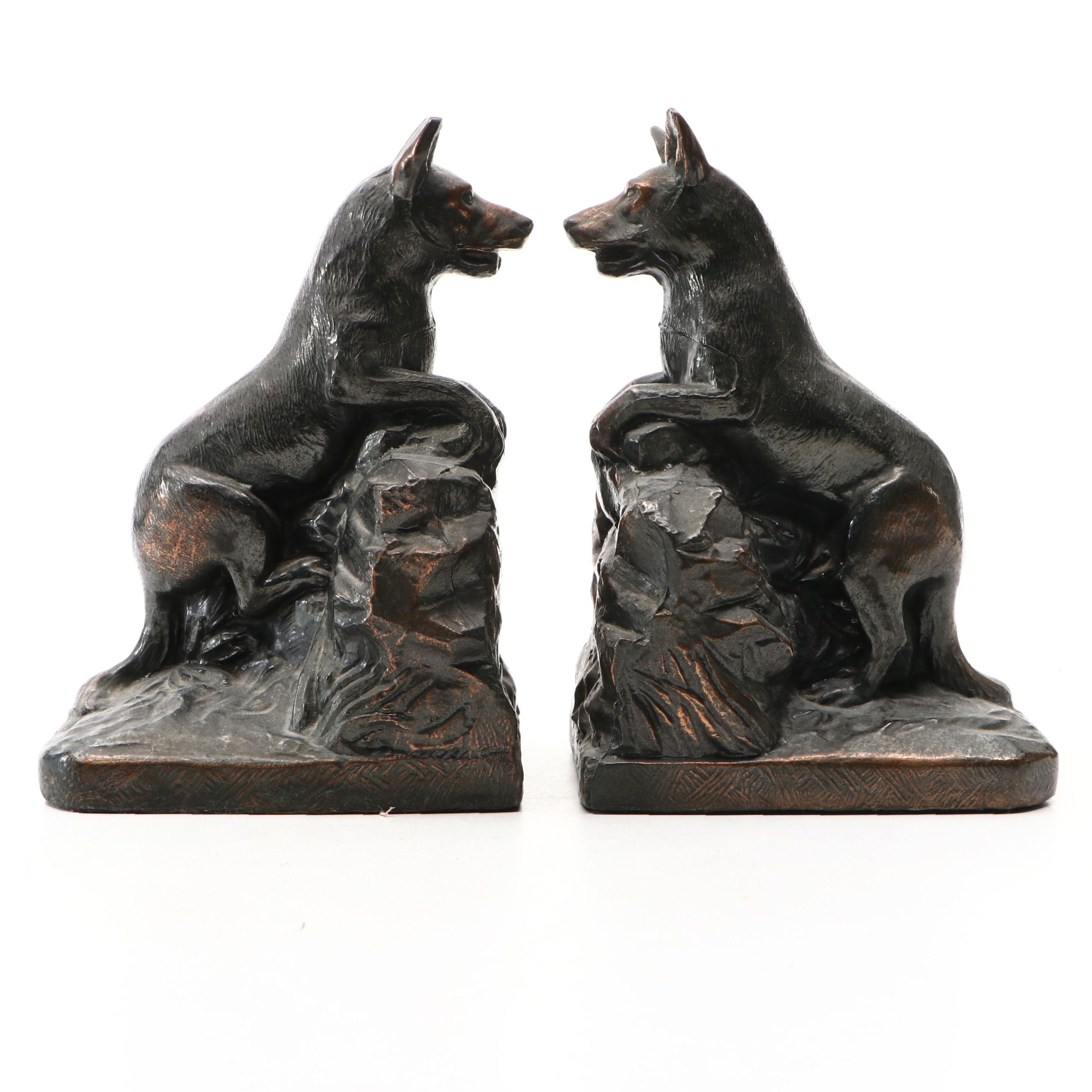 Pair of Bronzed Cast Metal German Shepherd Dog Bookends