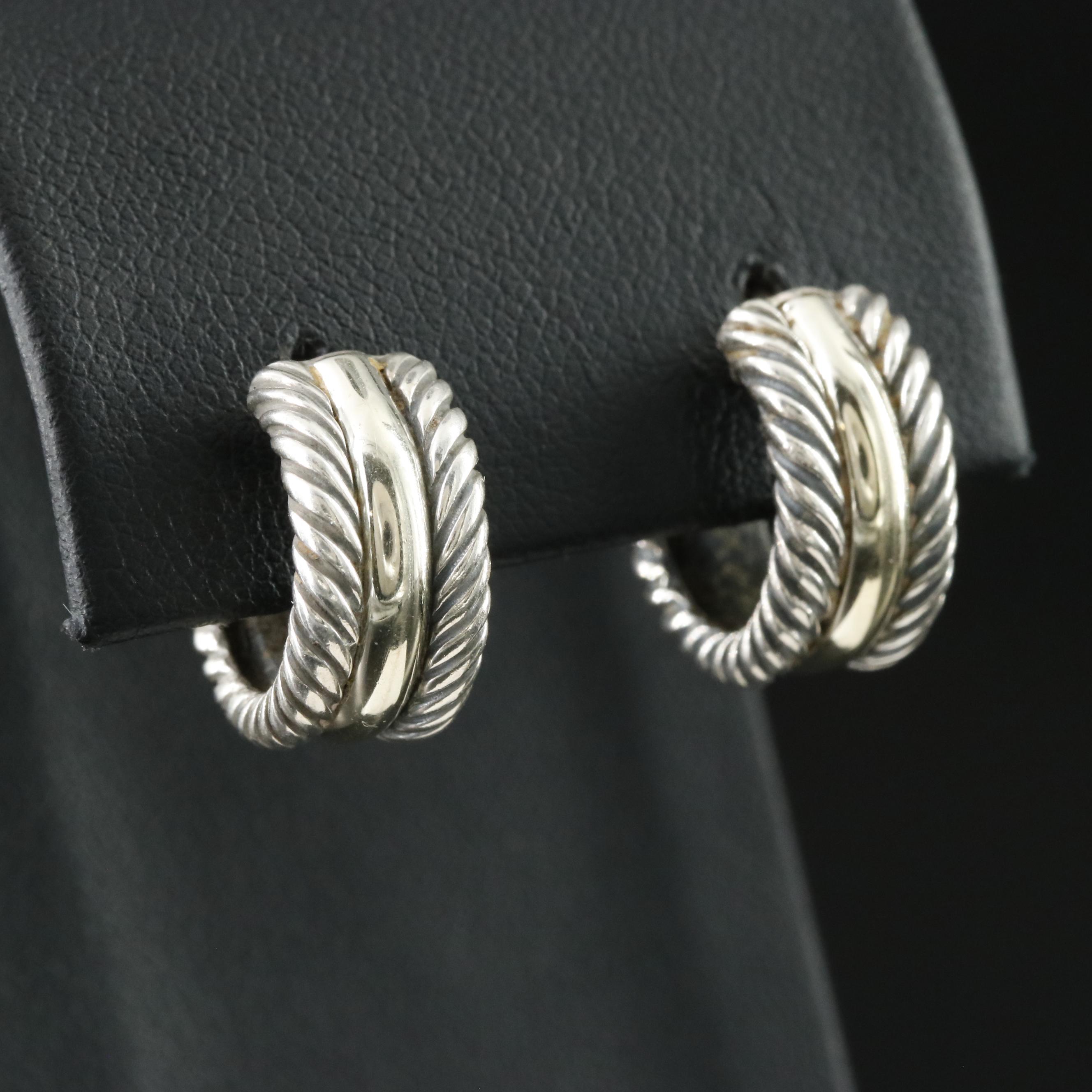 David Yurman Thoroughbred Sterling and 14K Hoop Earrings