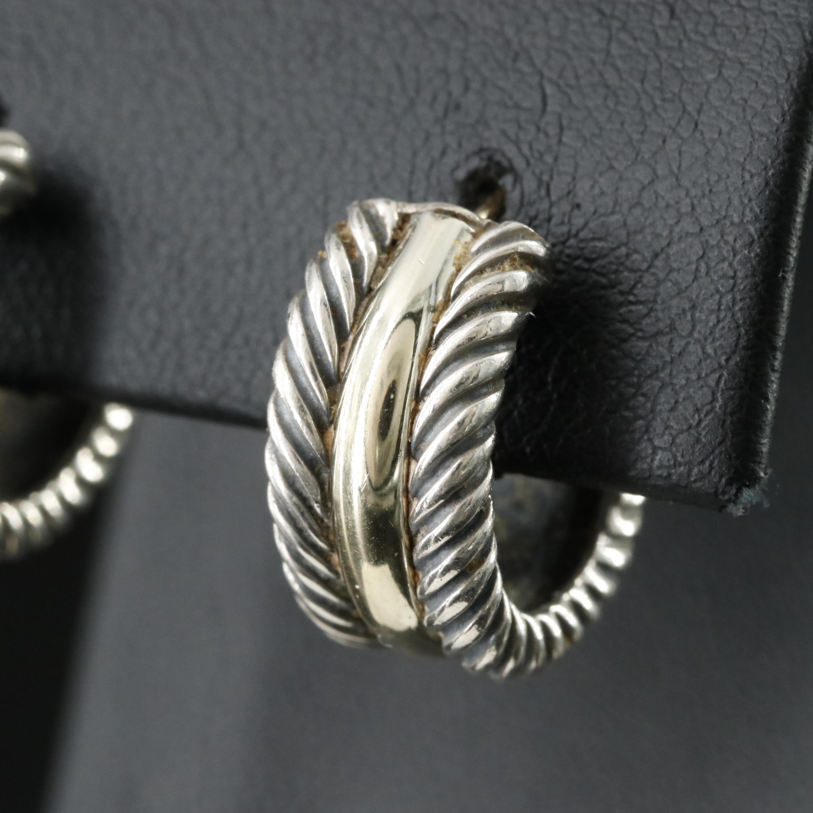 David Yurman Thoroughbred Sterling and 14K Hoop Earrings