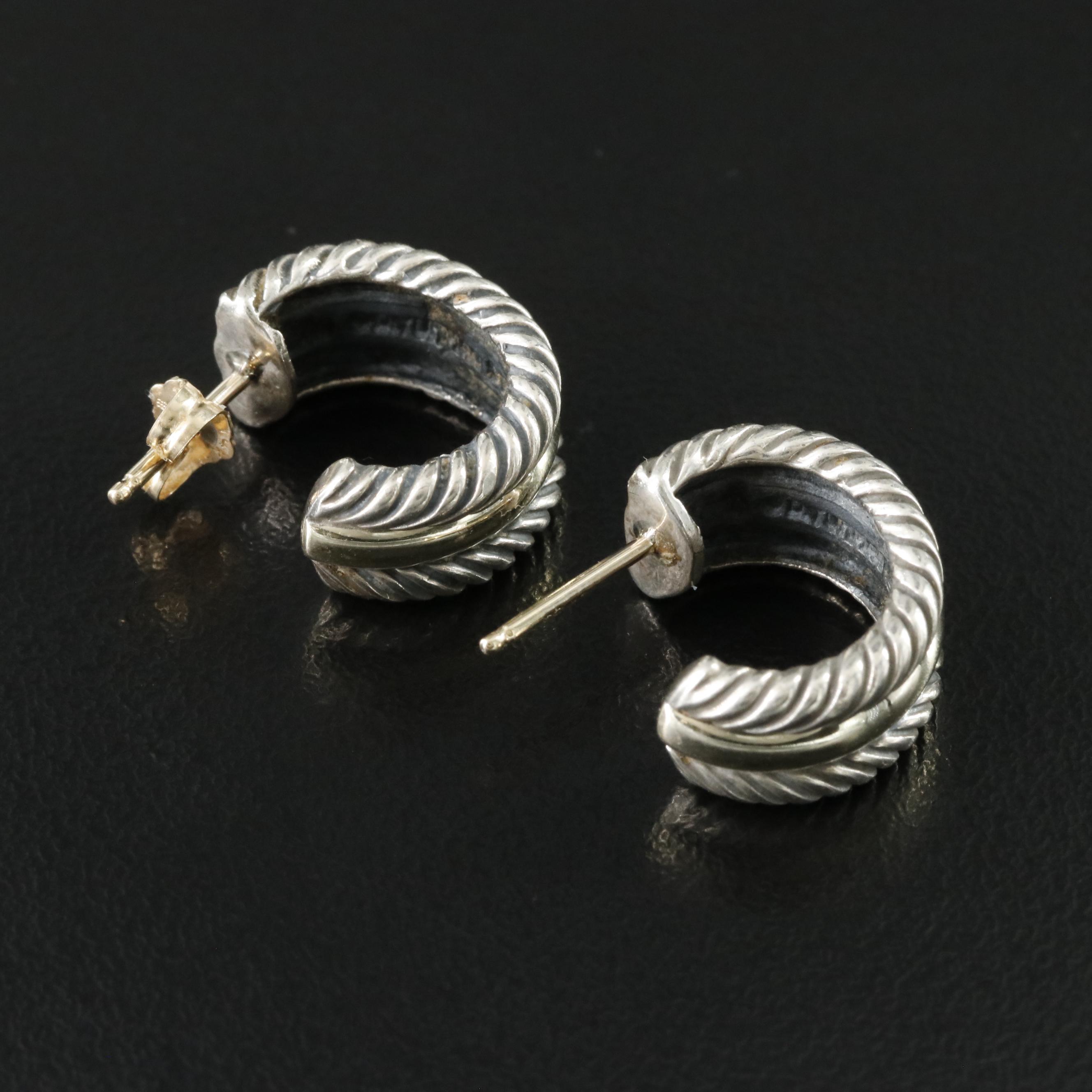 David Yurman Thoroughbred Sterling and 14K Hoop Earrings