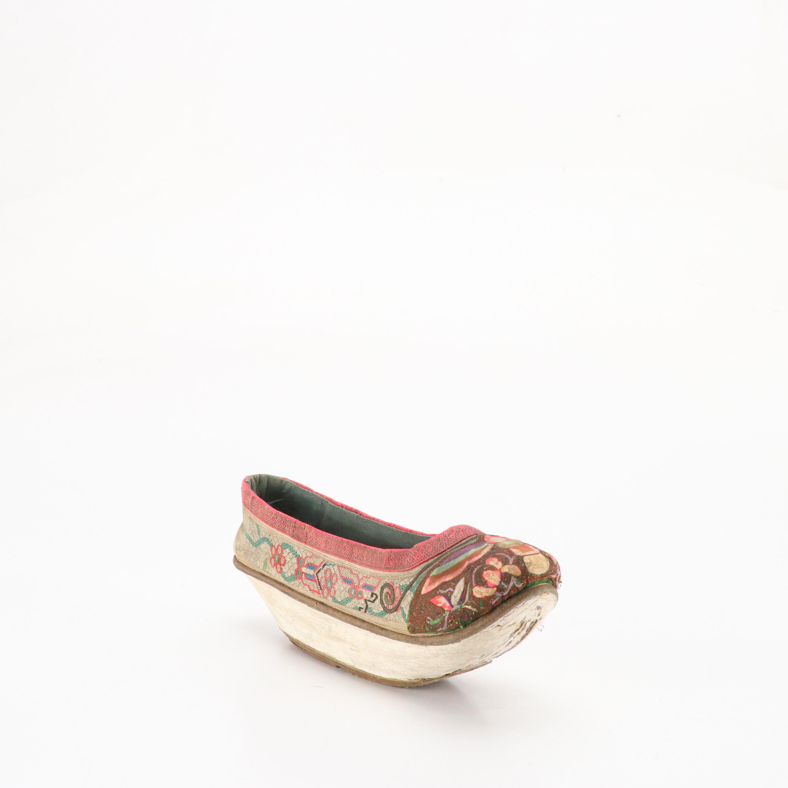 Chinese Woven Straw Clogs, Xiuhuaxie Slipper, and Japanese Hand-Painted Parasol