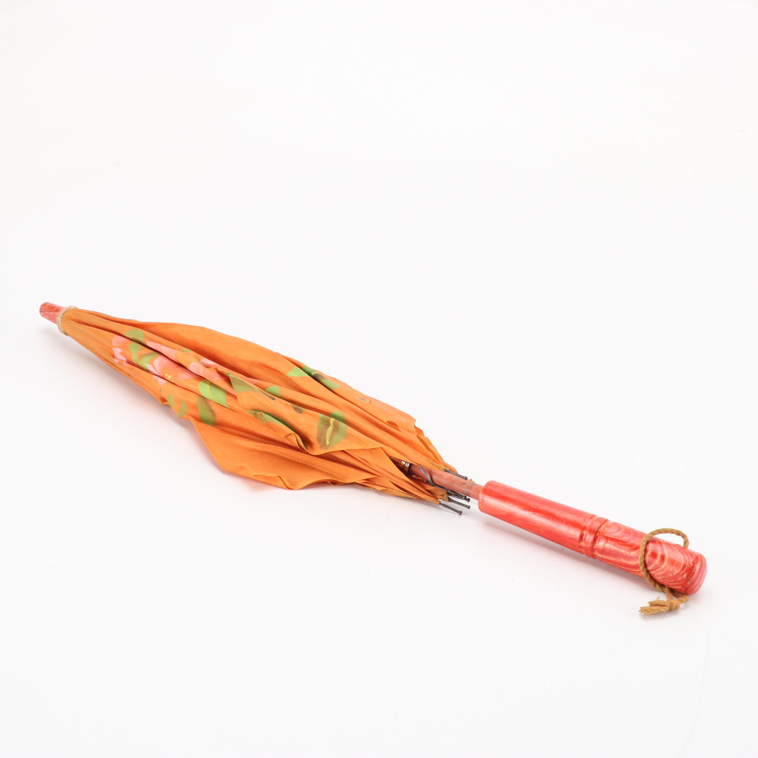 Chinese Woven Straw Clogs, Xiuhuaxie Slipper, and Japanese Hand-Painted Parasol