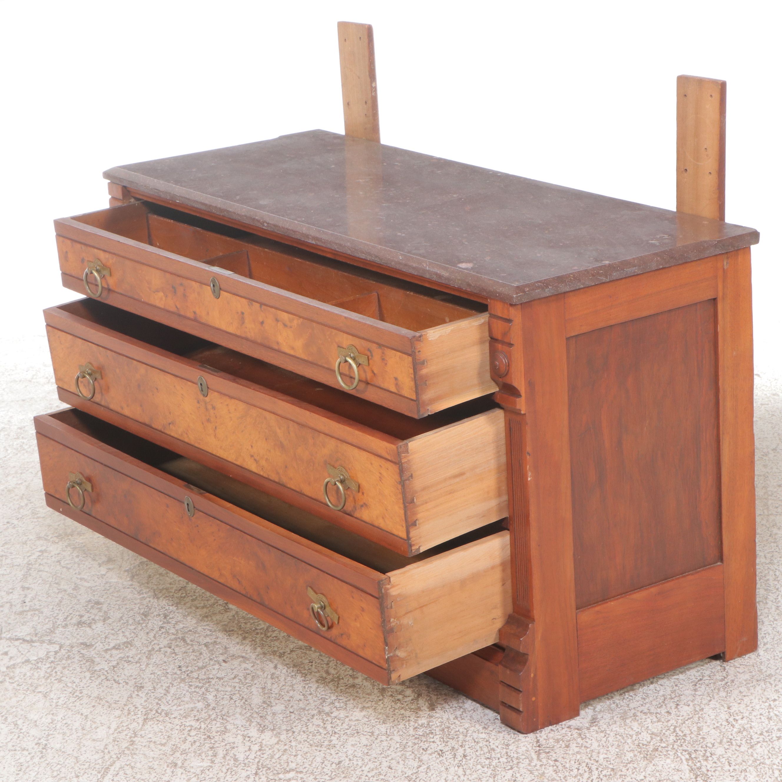 Victorian Eastlake Marble Top Mahogany and Burl Wood Dresser