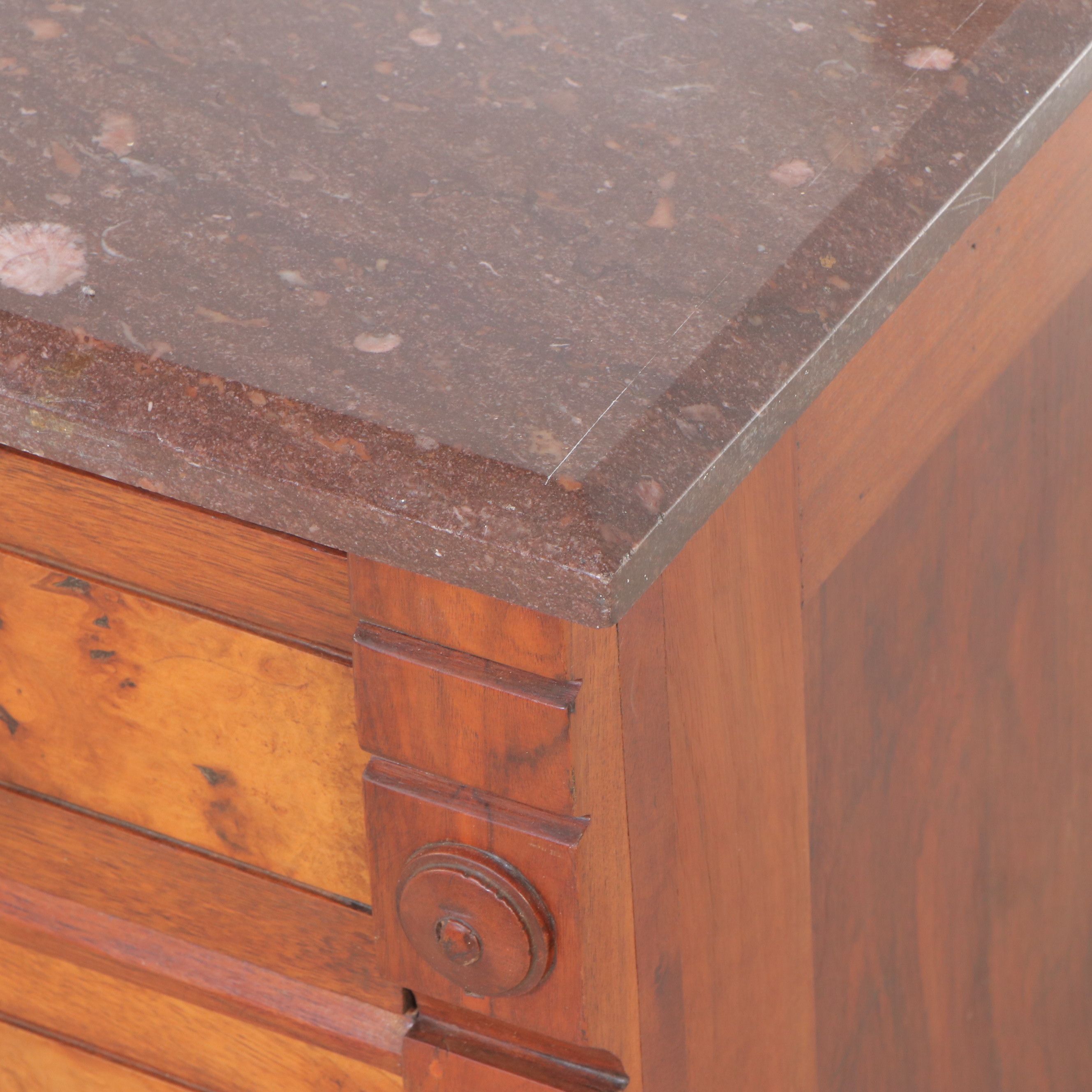 Victorian Eastlake Marble Top Mahogany and Burl Wood Dresser