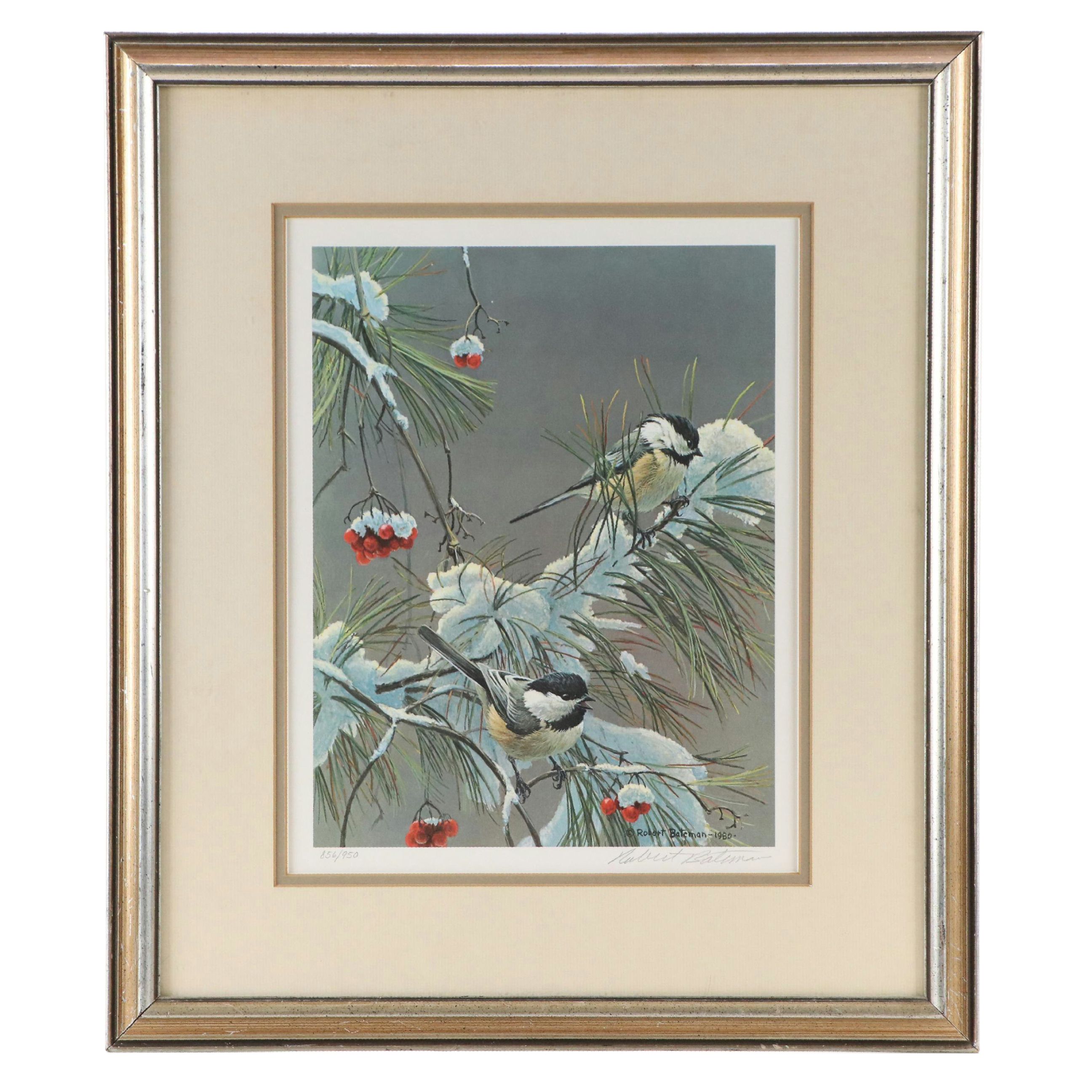 Robert Bateman Offset Lithograph "Winter Song - Chickadees," 1980