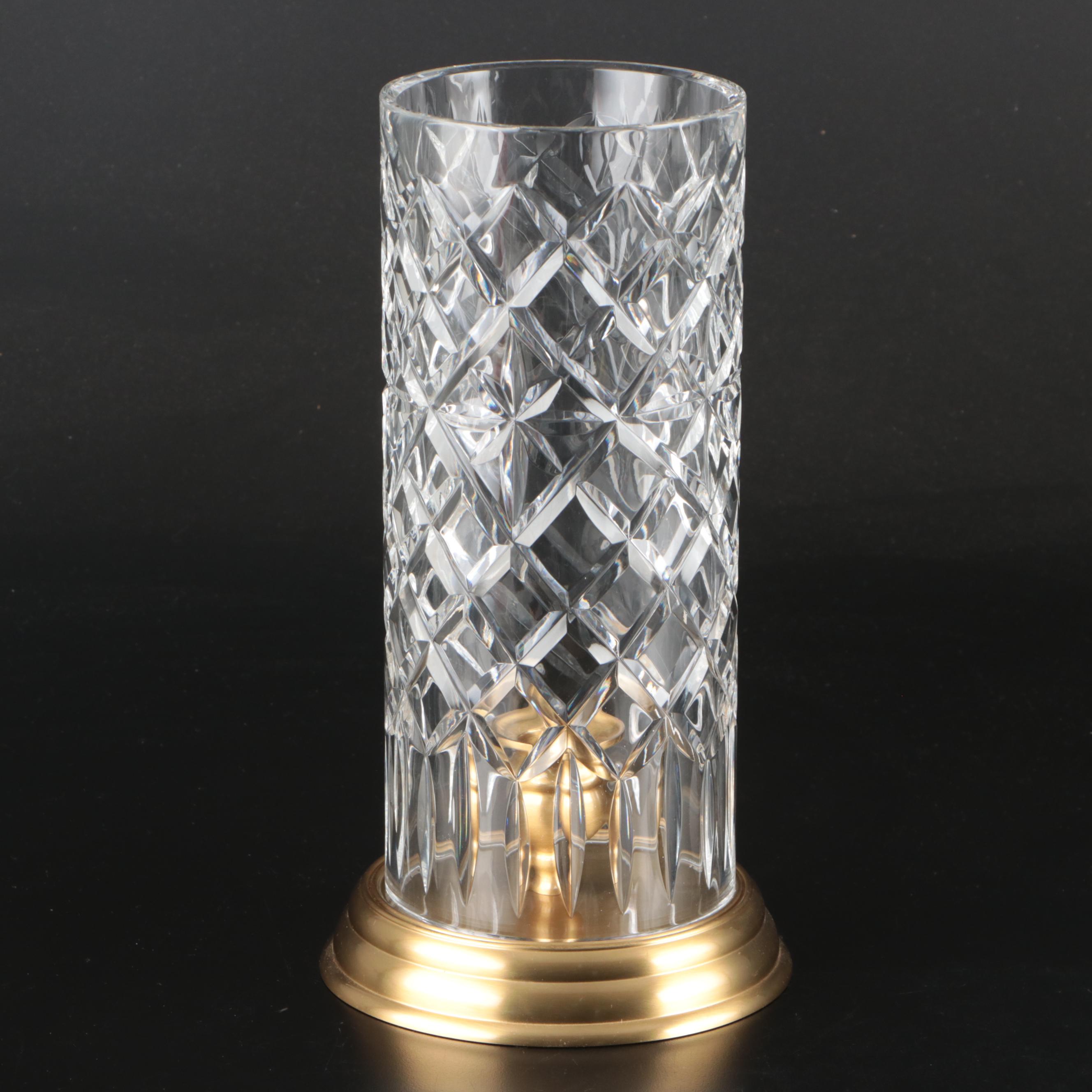 Waterford "Wyndham" Cut Crystal and Brass Candlestick Hurricane