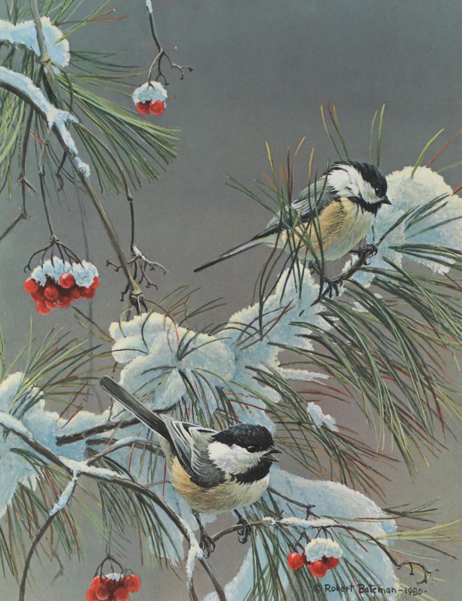 Robert Bateman Offset Lithograph "Winter Song - Chickadees," 1980