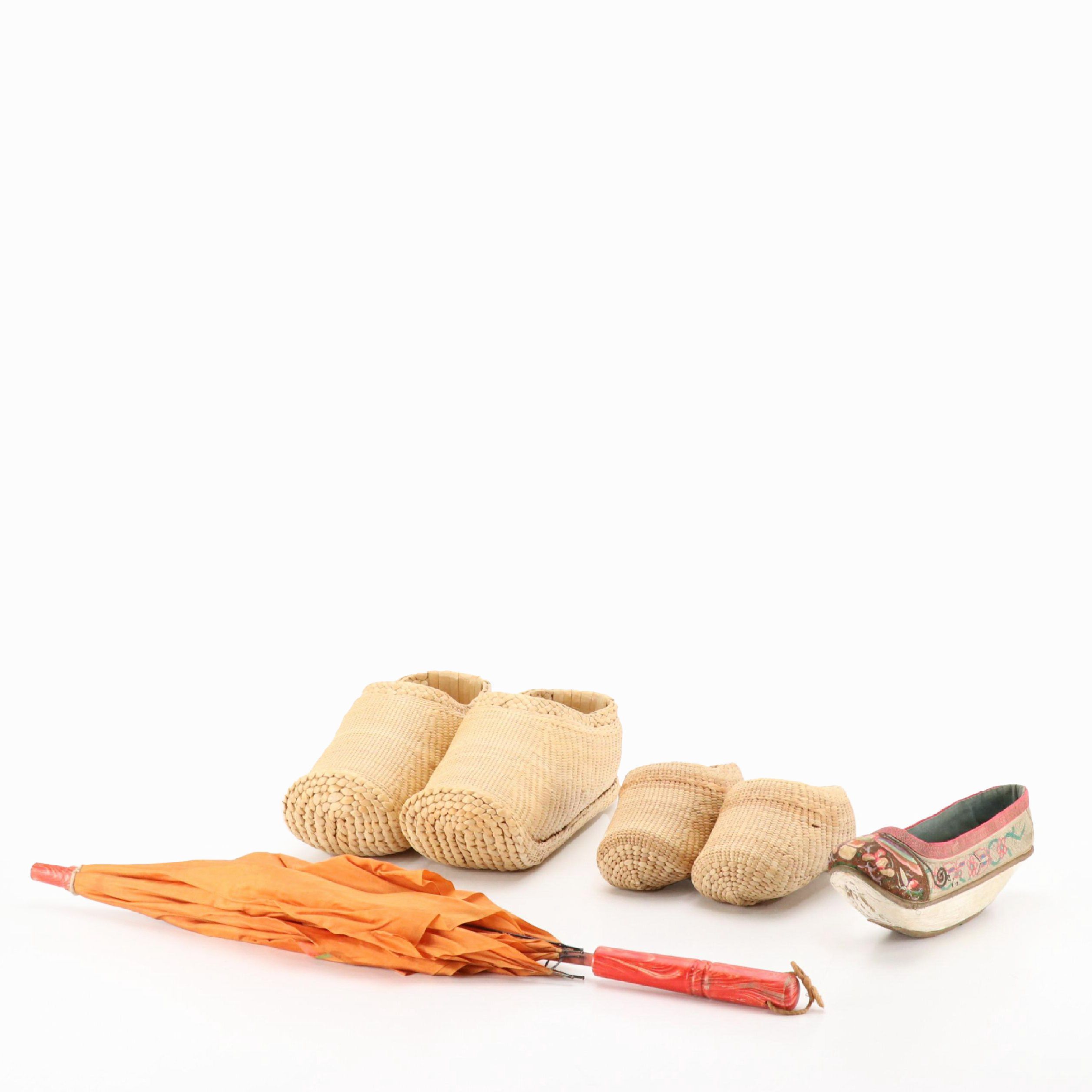 Chinese Woven Straw Clogs, Xiuhuaxie Slipper, and Japanese Hand-Painted Parasol