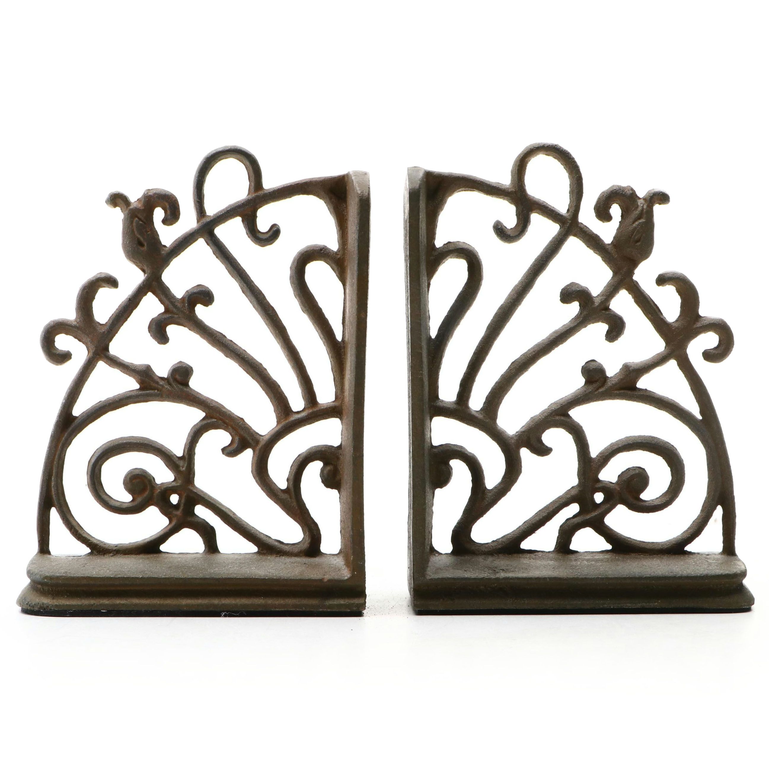 Victorian Style Bronze Clad and Cast Iron Scrollwork Bookends, Pair