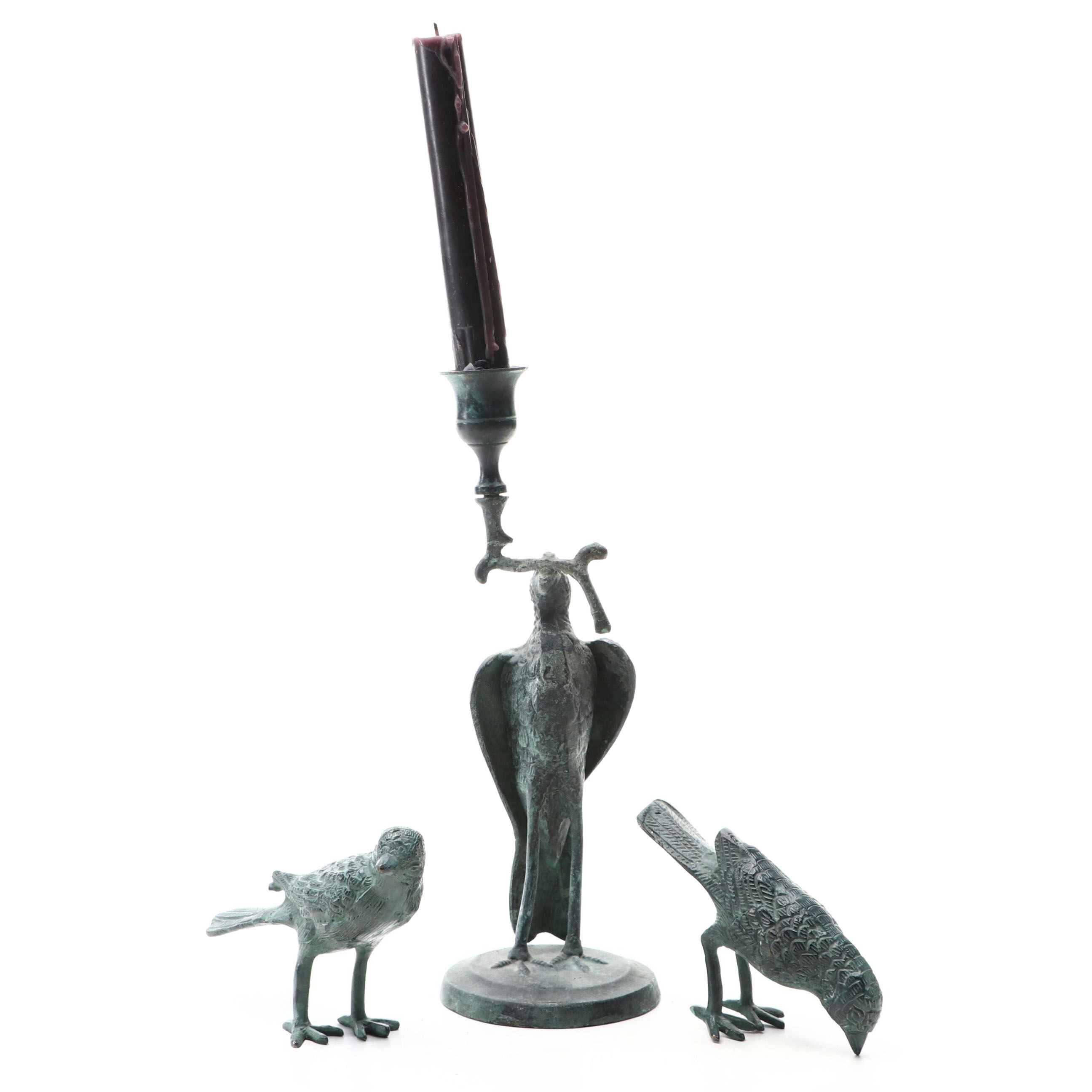 Cast Metal Bird Butler Candlestick and Verdigris Metal Songbird Figurines
