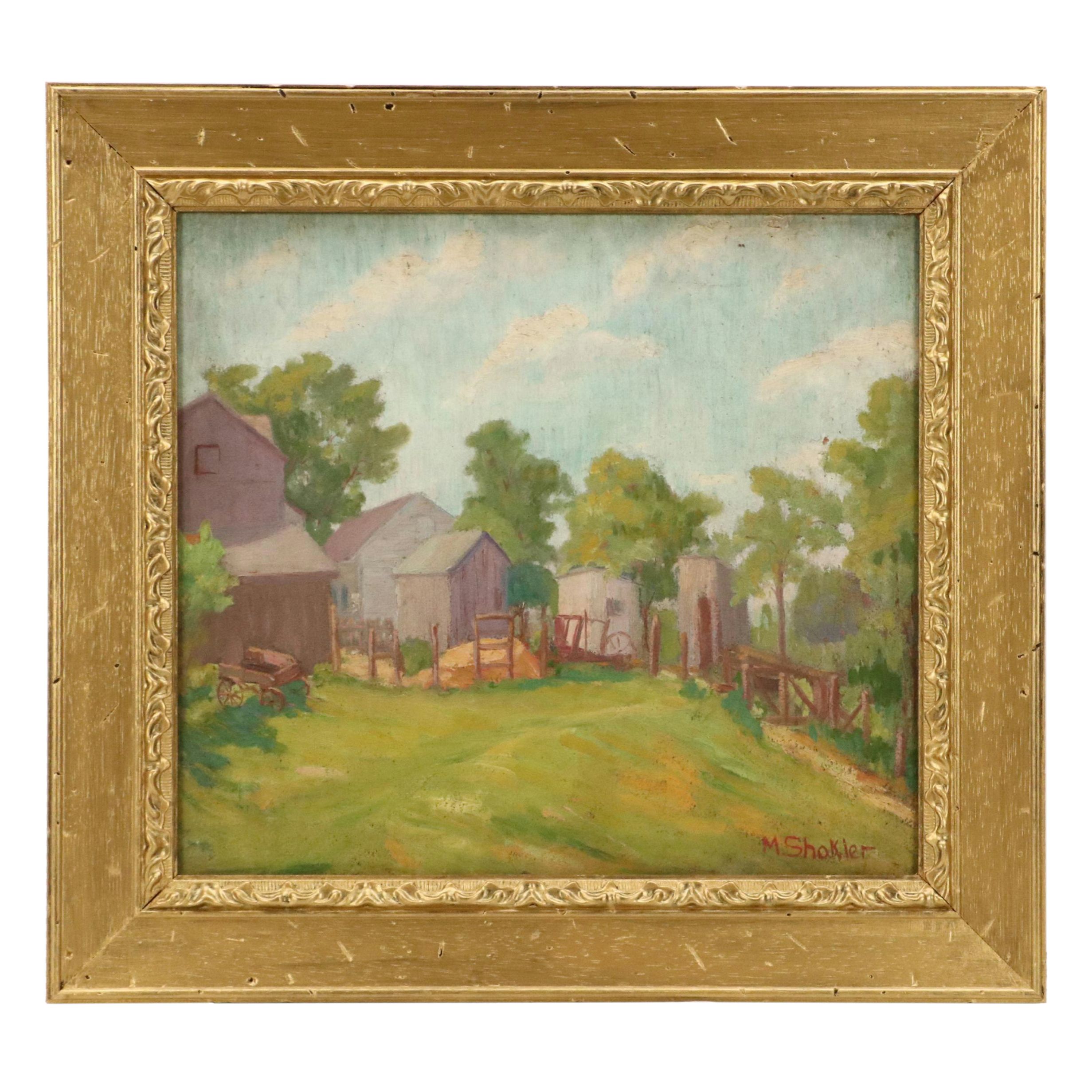 Morris Shokler Impressionist Oil Painting of Rural Farm Landscape With Equipment